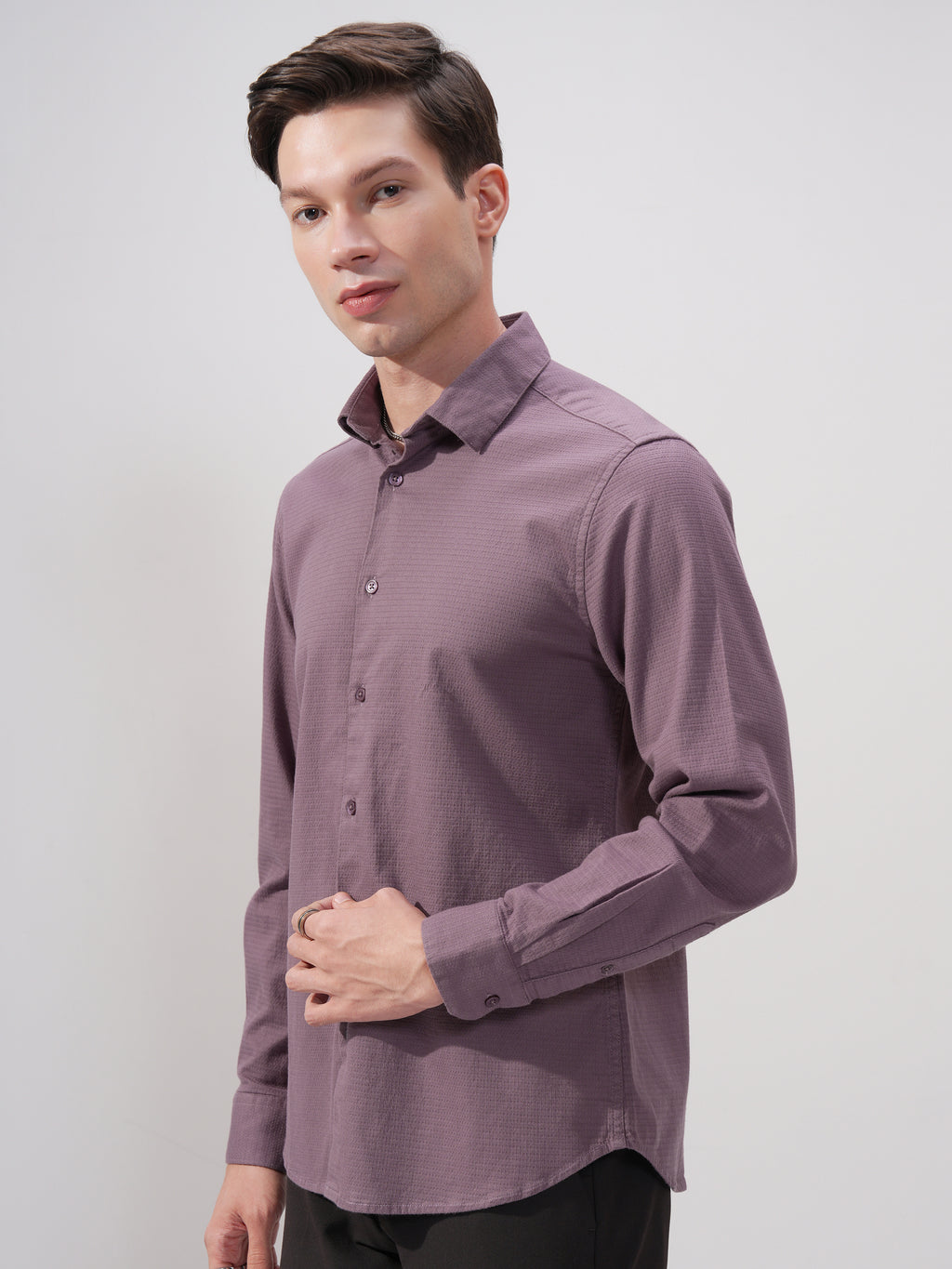 Highlander Men Purple Self Design Slim Fit Casual Shirt - Purple - Image 4