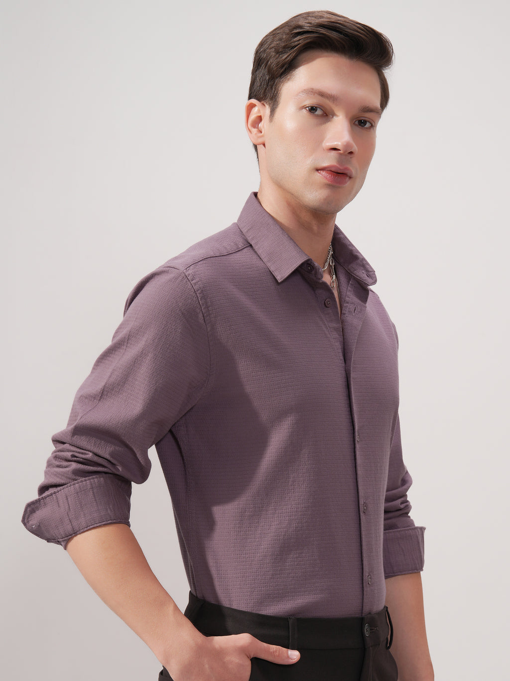 Highlander Men Purple Self Design Slim Fit Casual Shirt - Purple - Image 6