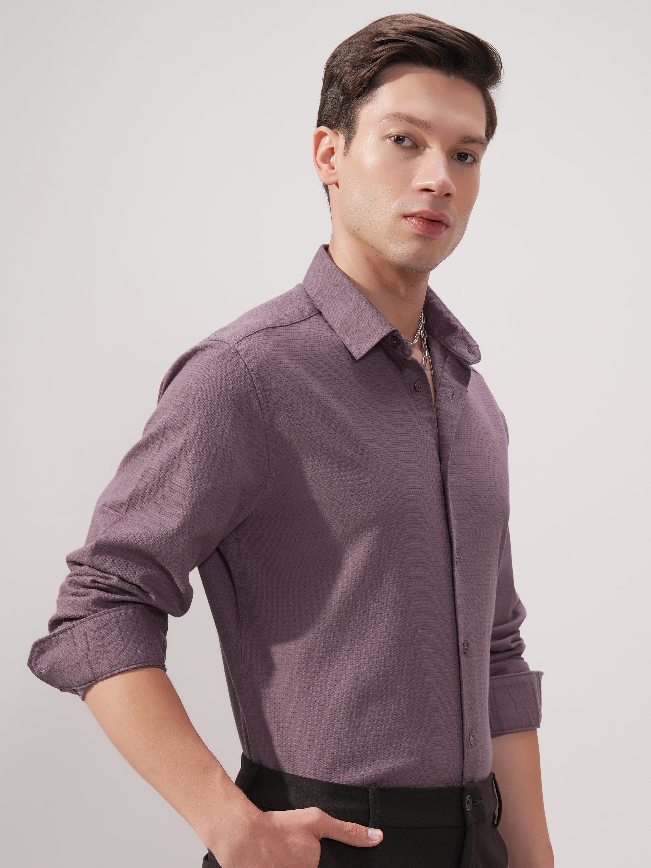 Highlander Men Purple Self Design Slim Fit Casual Shirt - Purple - Image 6