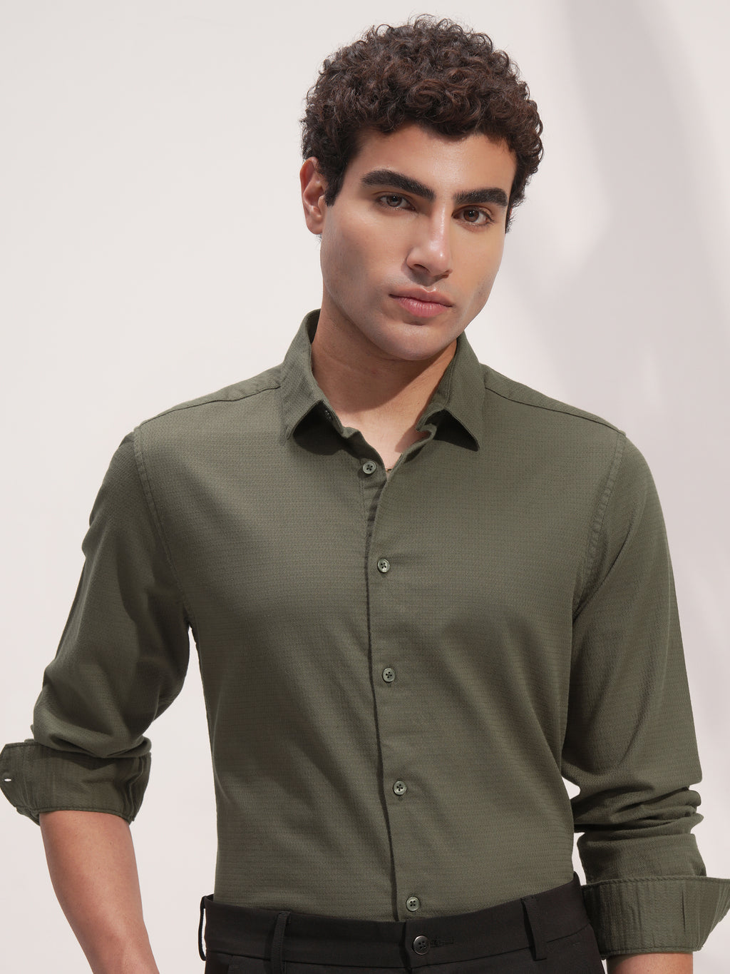 Highlander Men Olive Self Design Slim Fit Casual Shirt - Olive - Image 1