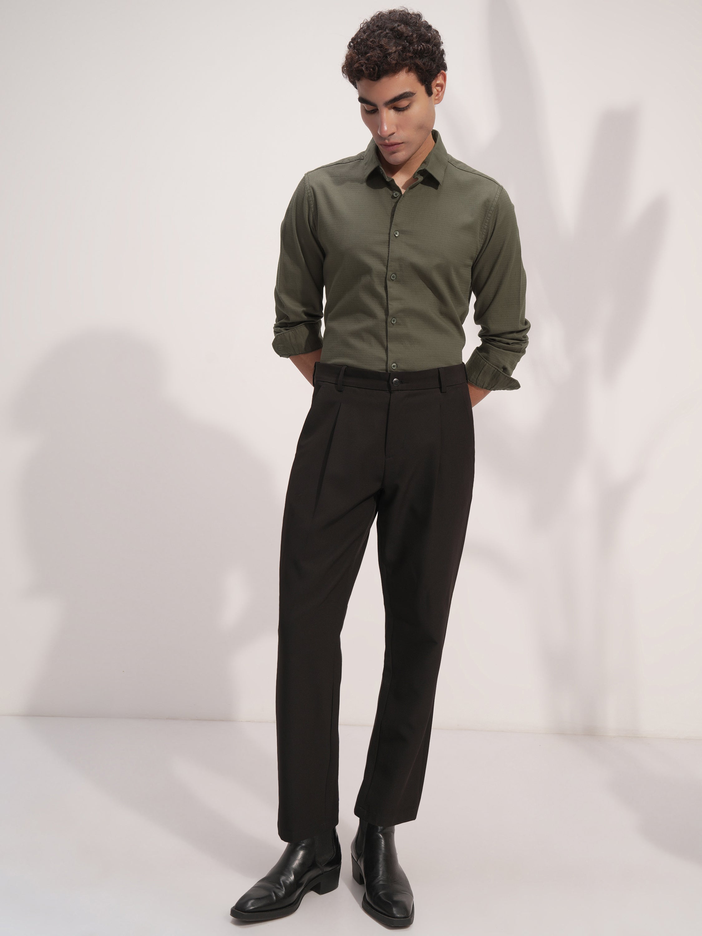 Highlander Men Olive Self Design Slim Fit Casual Shirt - Olive - Image 2