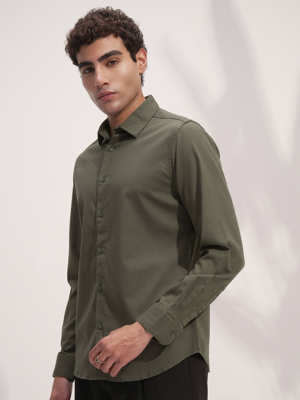 Highlander Men Olive Self Design Slim Fit Casual Shirt - Olive - Image 4