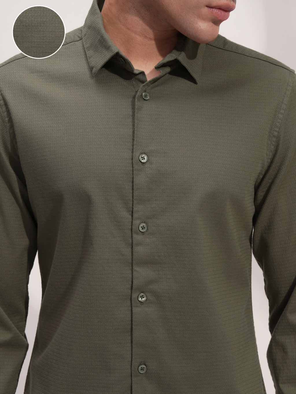 Highlander Men Olive Self Design Slim Fit Casual Shirt - Olive - Image 5