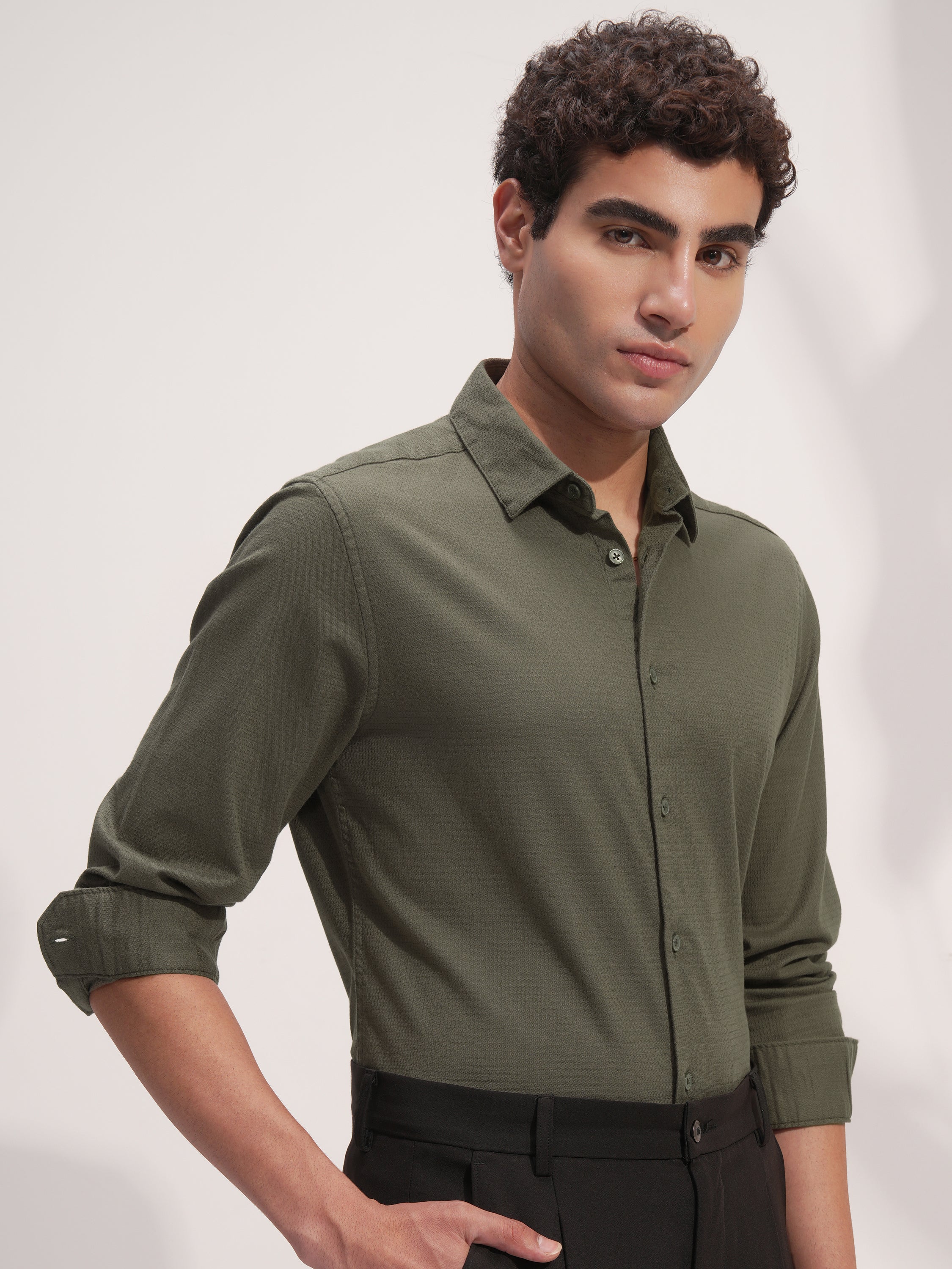 Highlander Men Olive Self Design Slim Fit Casual Shirt - Olive - Image 6