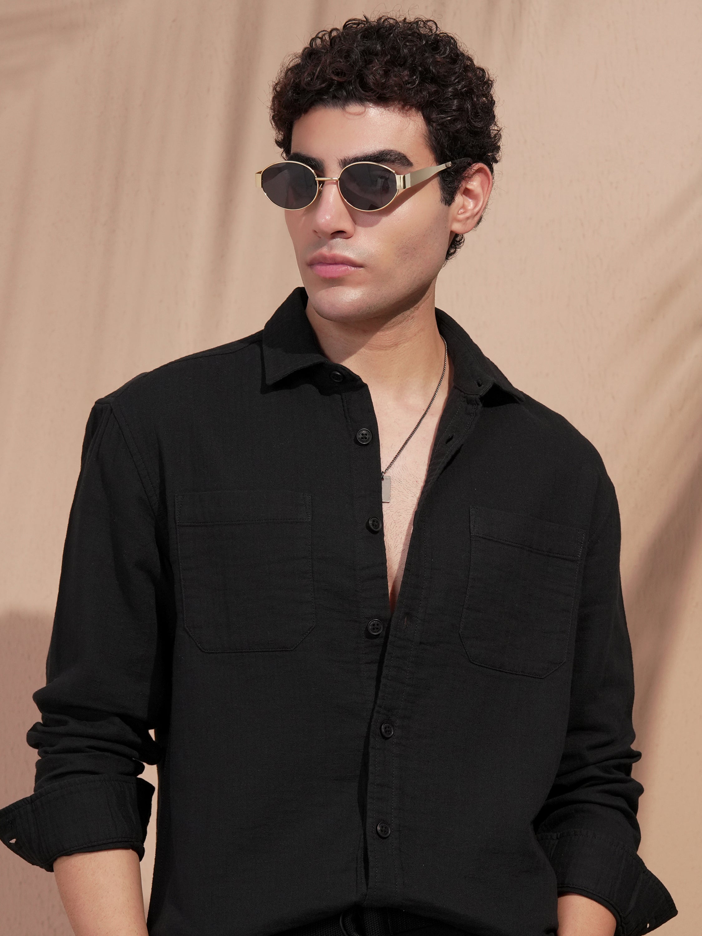 Highlander Men Black Self Design Relaxed Fit Casual Shirt - Black - Image 1