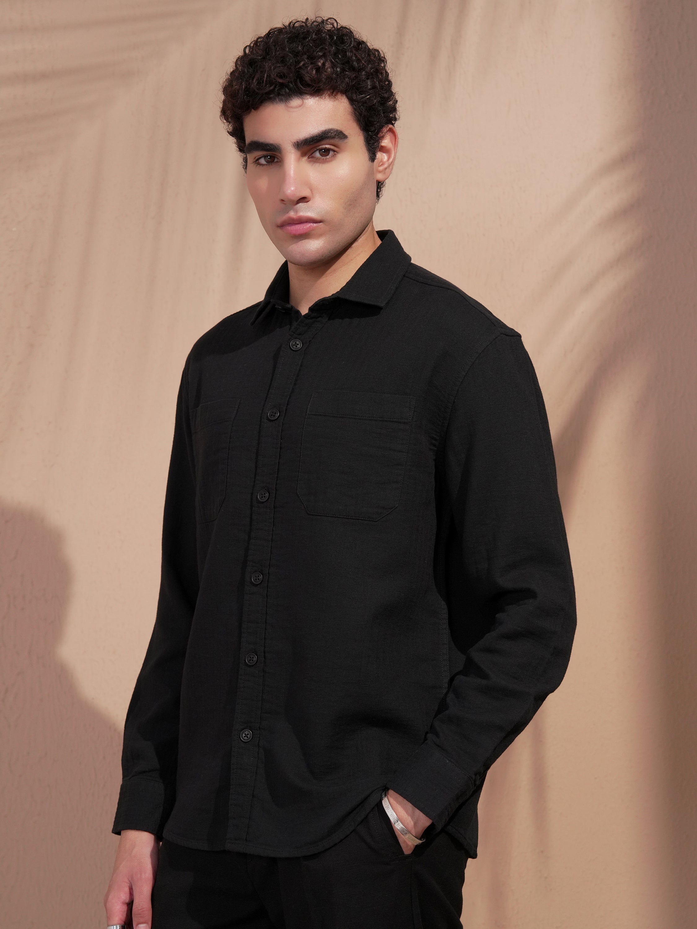 Highlander Men Black Self Design Relaxed Fit Casual Shirt - Black - Image 4