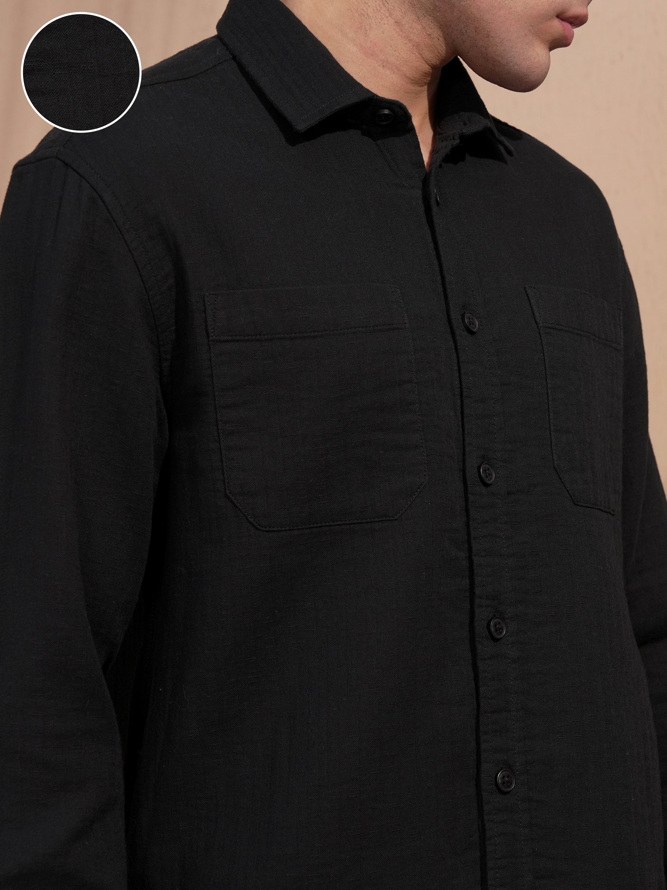 Highlander Men Black Self Design Relaxed Fit Casual Shirt - Black - Image 5