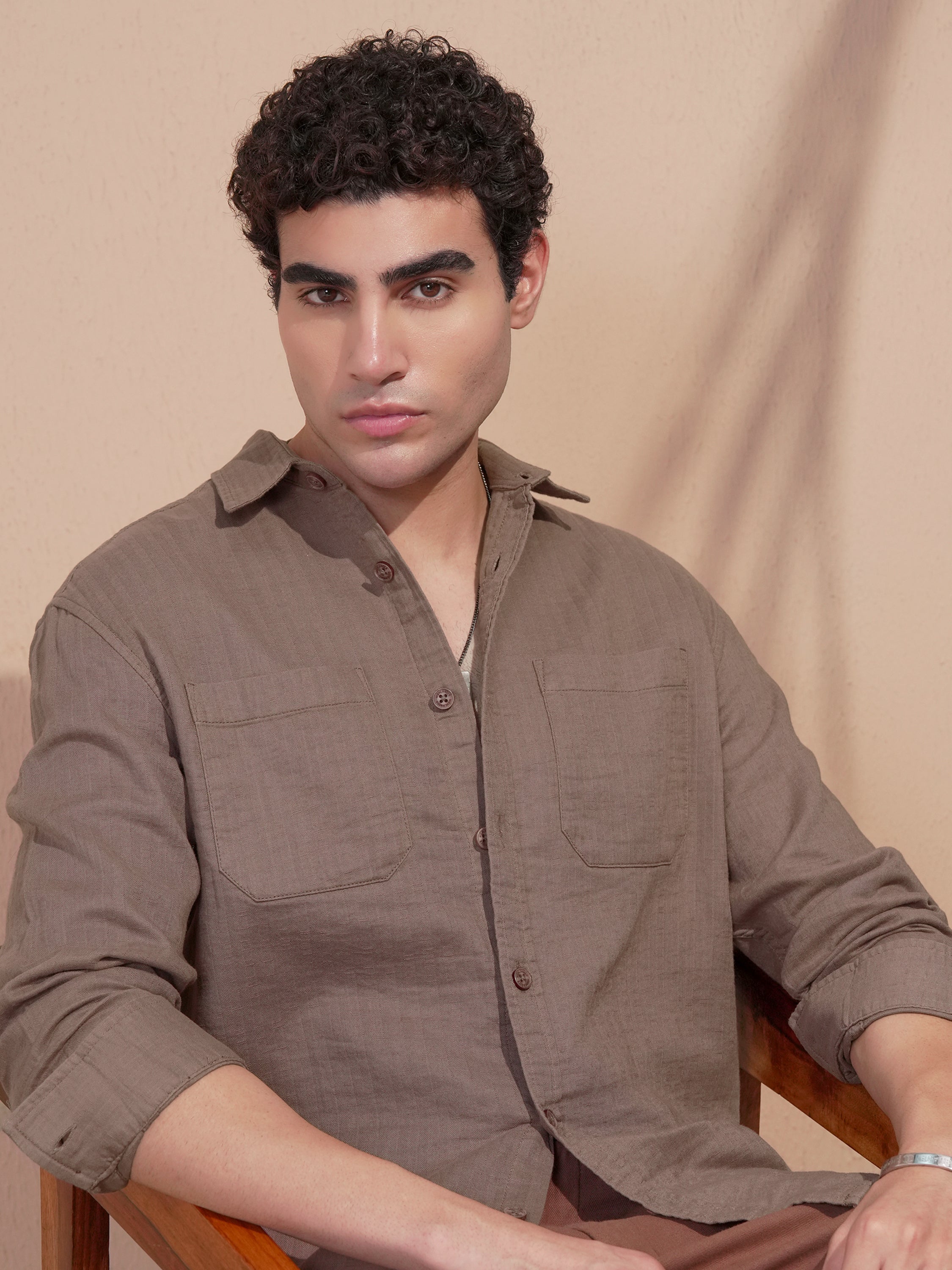 Highlander Men Brown Self Design Relaxed Fit Casual Shirt - Brown - Image 1
