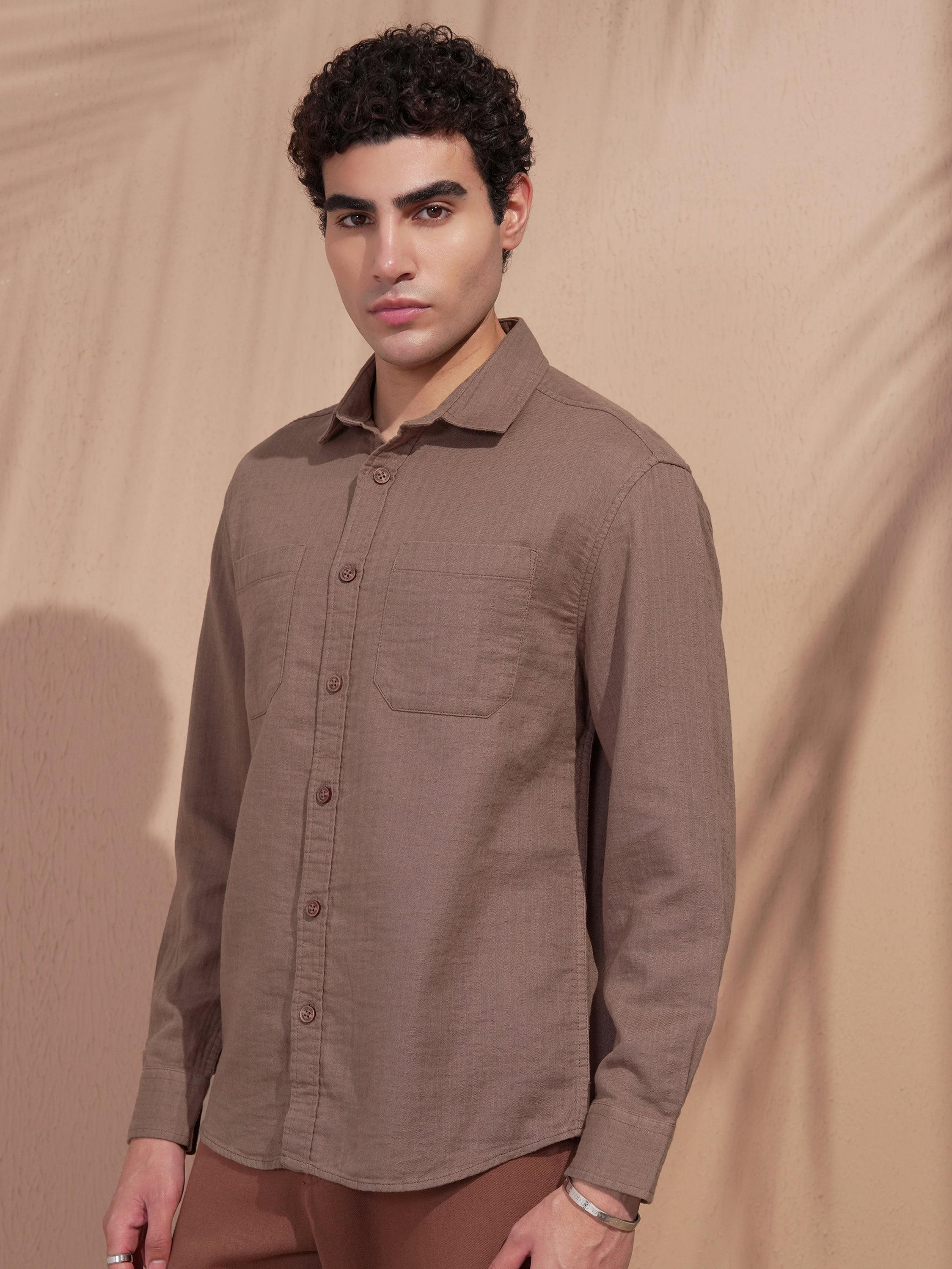 Highlander Men Brown Self Design Relaxed Fit Casual Shirt - Brown - Image 4