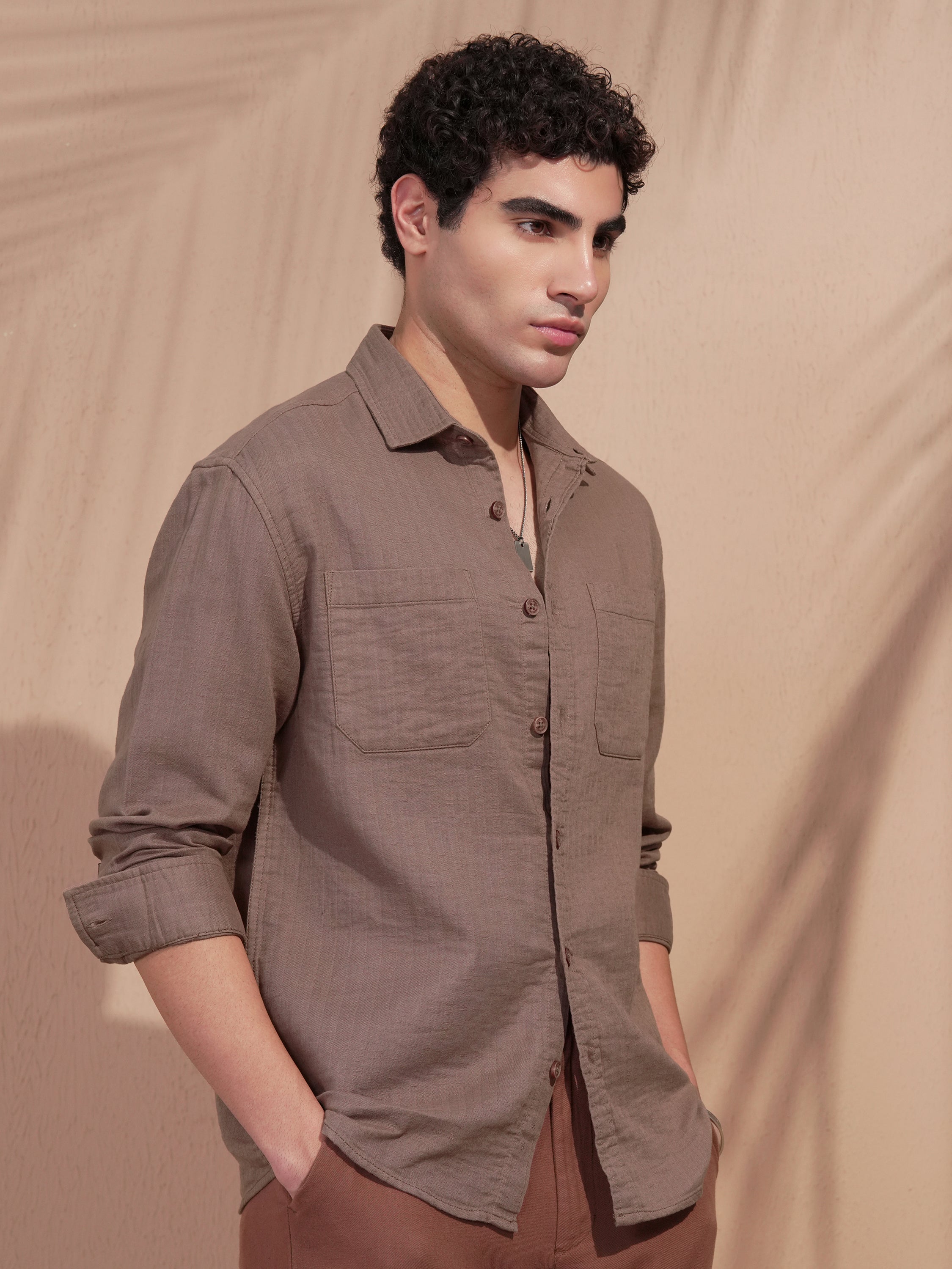 Highlander Men Brown Self Design Relaxed Fit Casual Shirt - Brown - Image 6