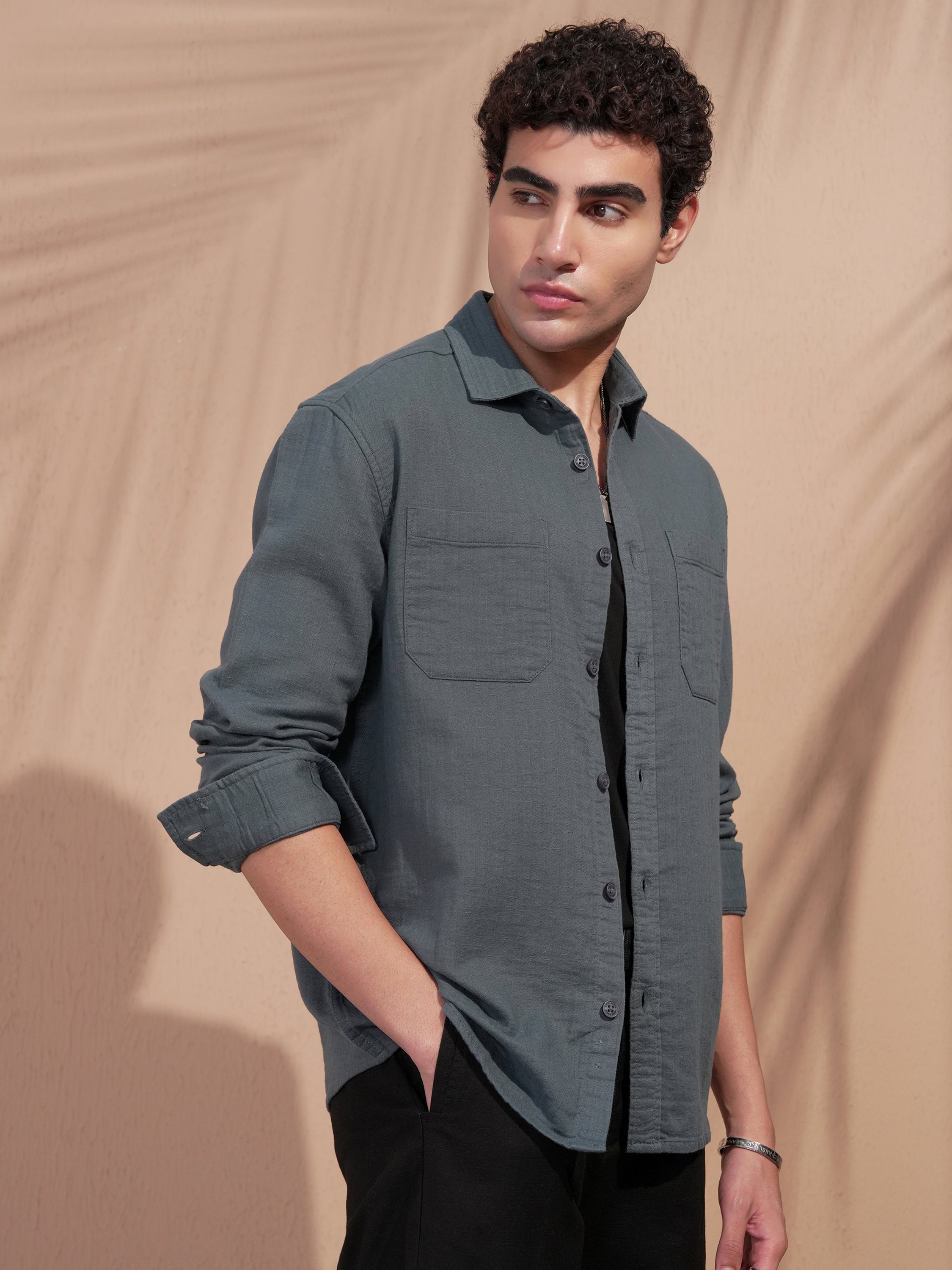 Highlander Men Blue Self Design Relaxed Fit Casual Shirt - Blue - Image 6