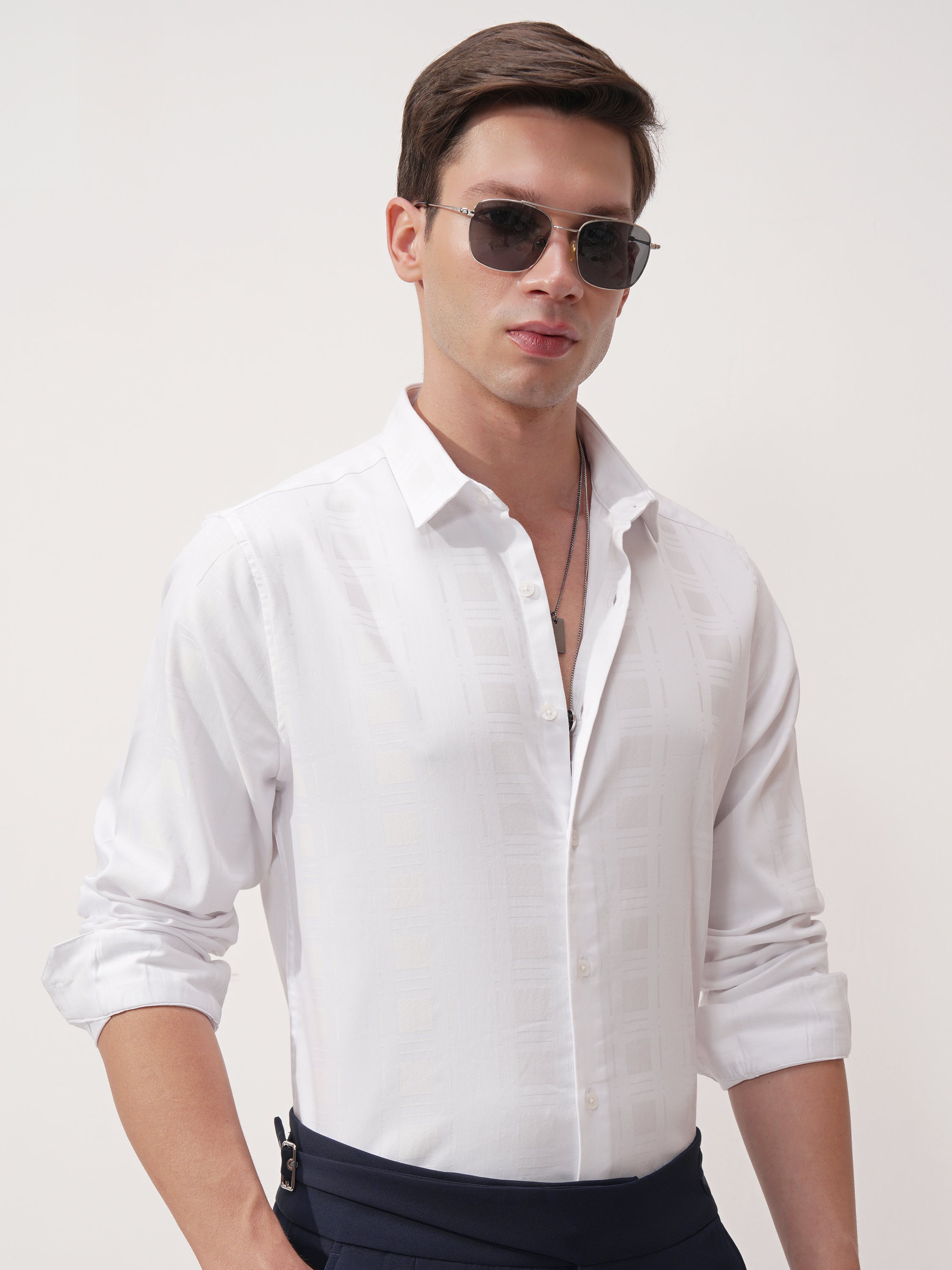 Highlander Men White Self Design Slim Fit Casual Shirt - White - Image 1