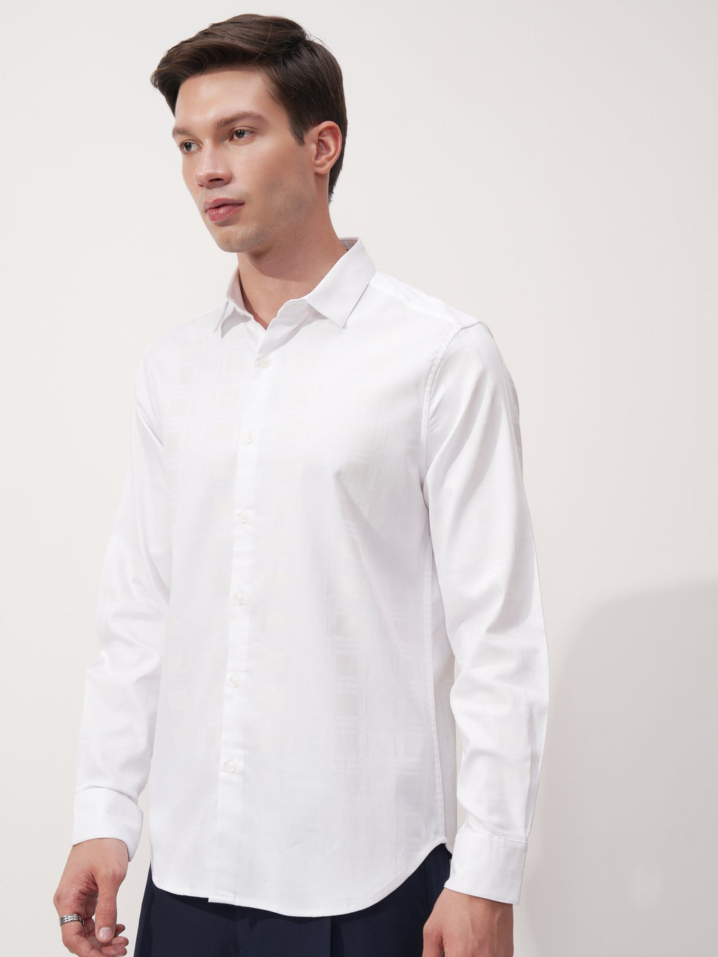 Highlander Men White Self Design Slim Fit Casual Shirt - White - Image 4