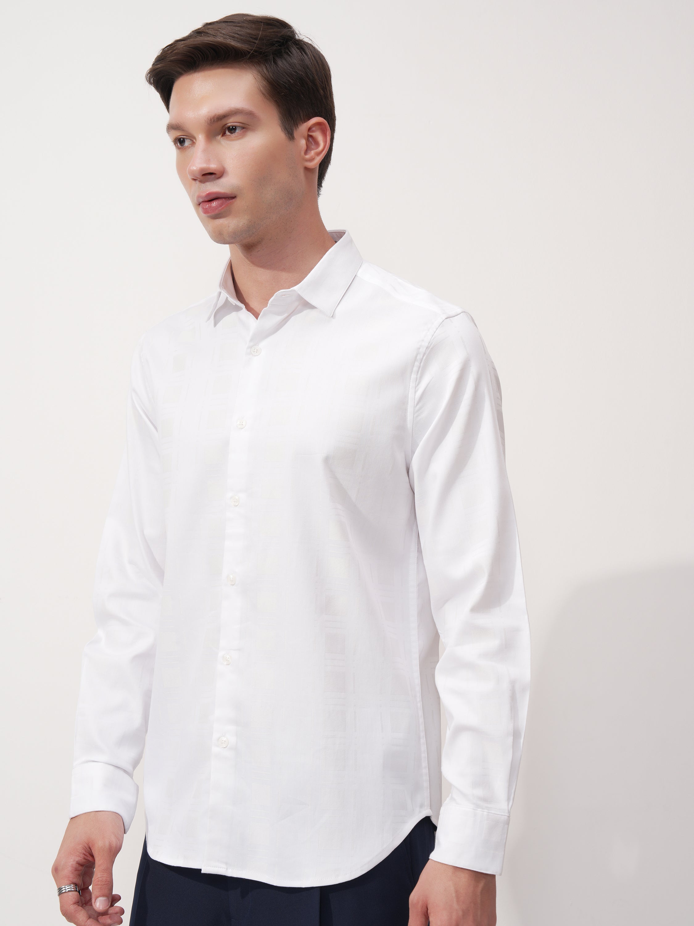 Highlander Men White Self Design Slim Fit Casual Shirt - White - Image 4
