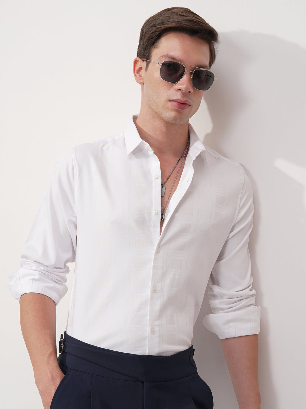 Highlander Men White Self Design Slim Fit Casual Shirt - White - Image 6
