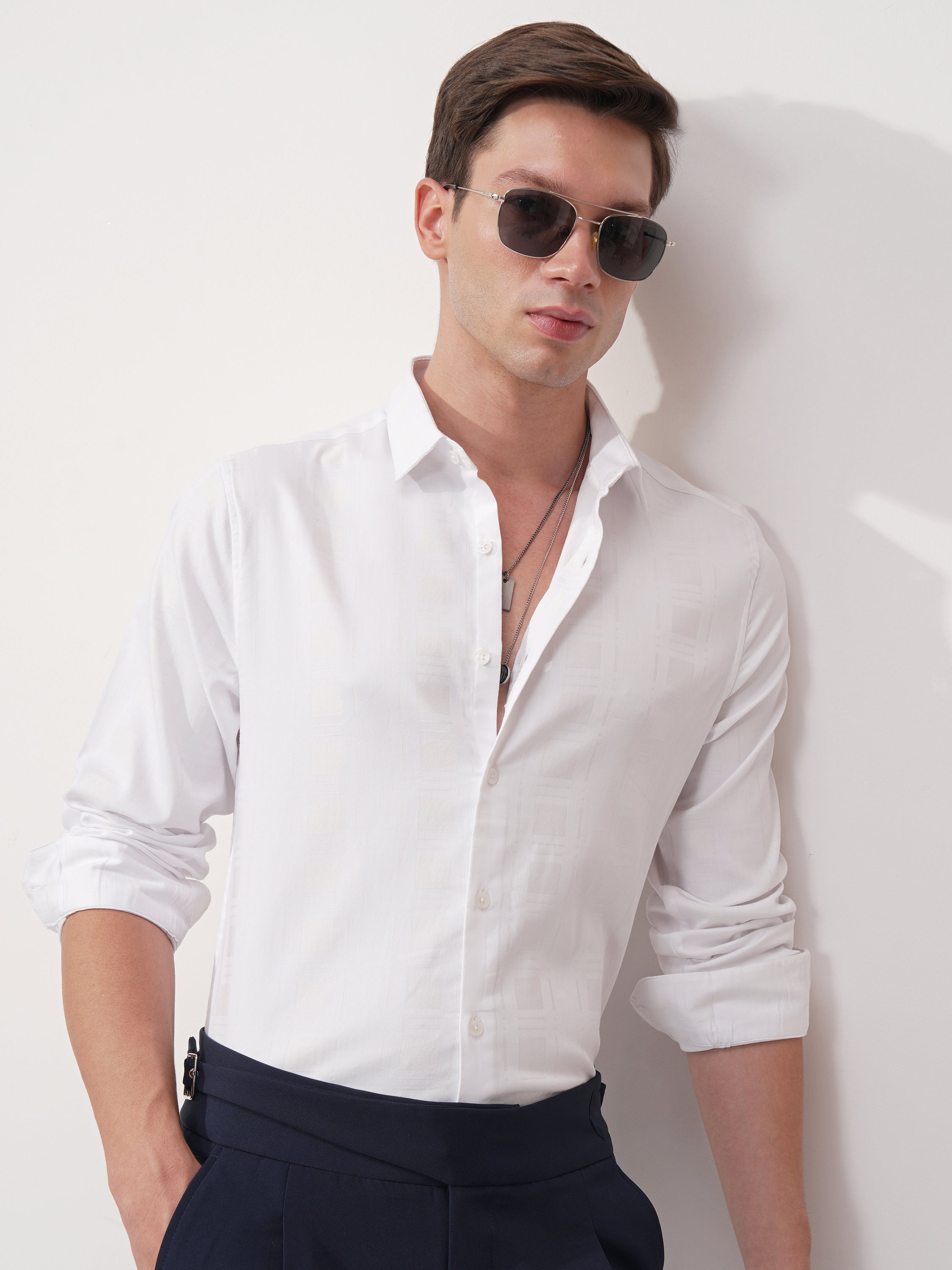 Highlander Men White Self Design Slim Fit Casual Shirt - White - Image 6