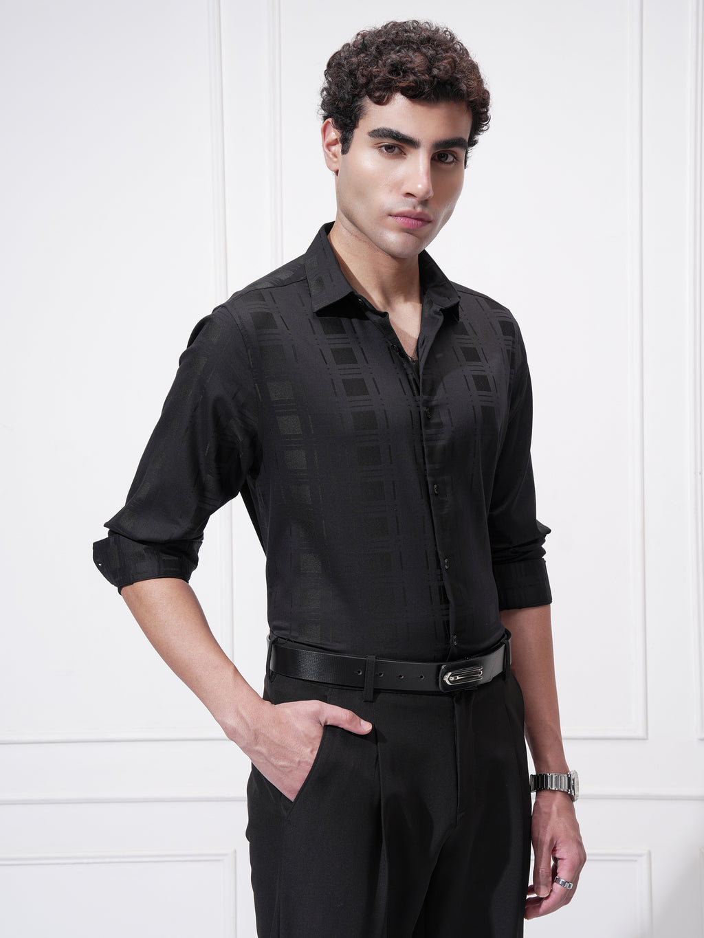 Highlander Men Black Checked Slim Fit Casual Shirt - Black - Image 6