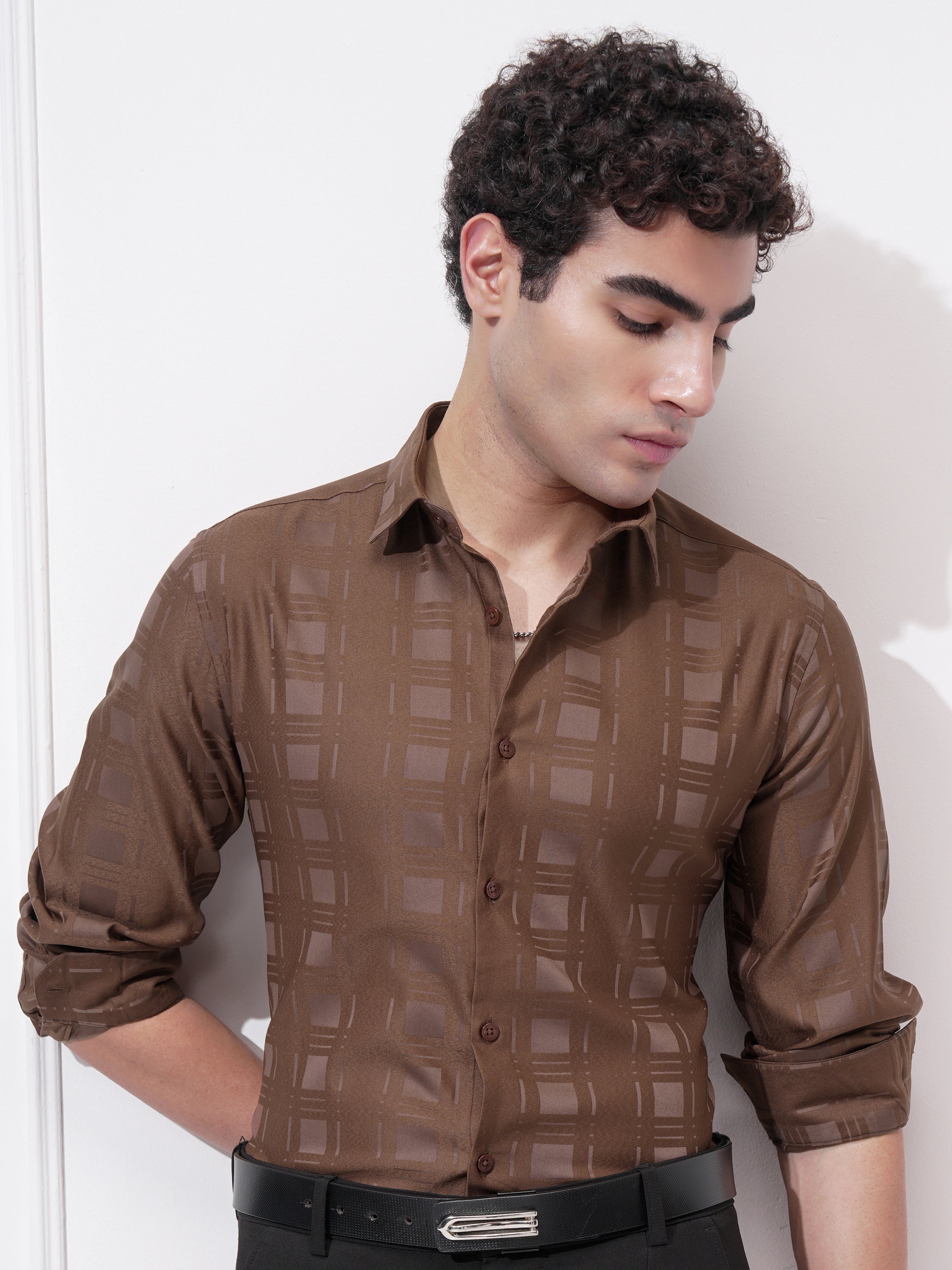 Highlander Men Rust Checked Slim Fit Casual Shirt - Rust - Image 1
