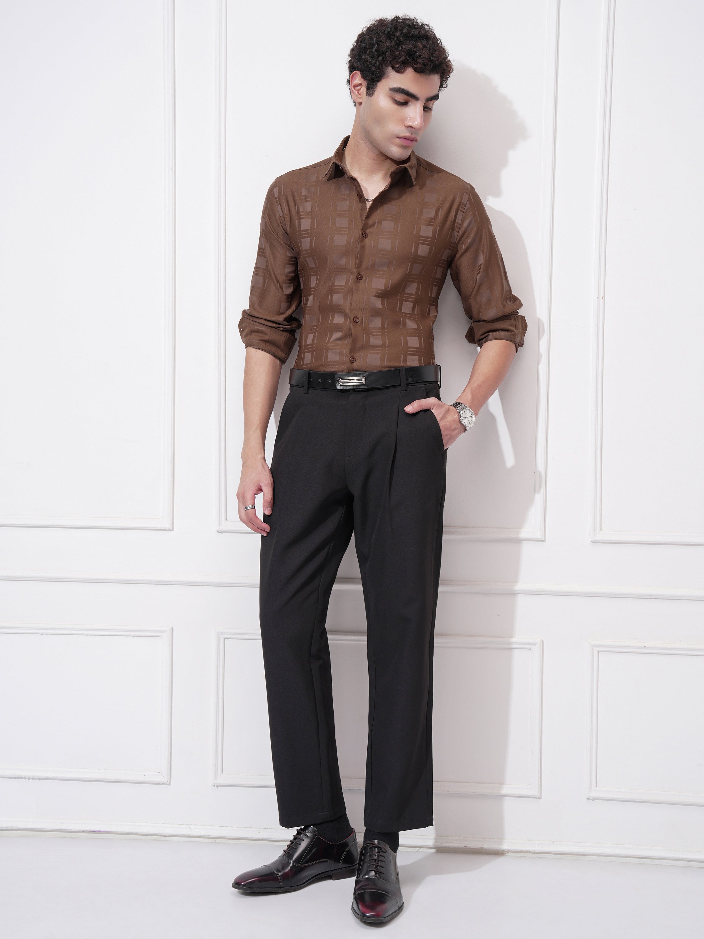 Highlander Men Rust Checked Slim Fit Casual Shirt - Rust - Image 2