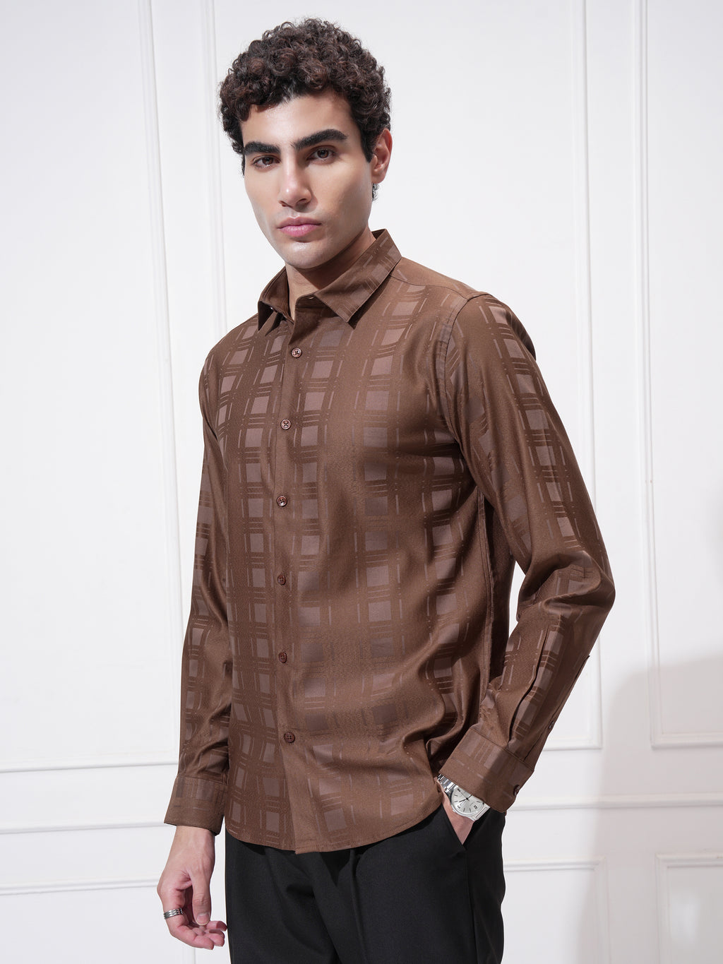 Highlander Men Rust Checked Slim Fit Casual Shirt - Rust - Image 4