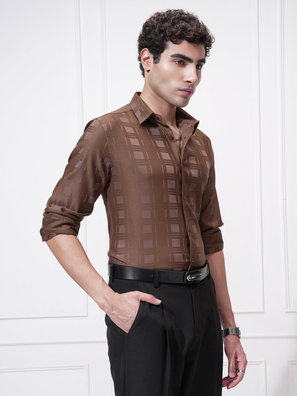Highlander Men Rust Checked Slim Fit Casual Shirt - Rust - Image 6