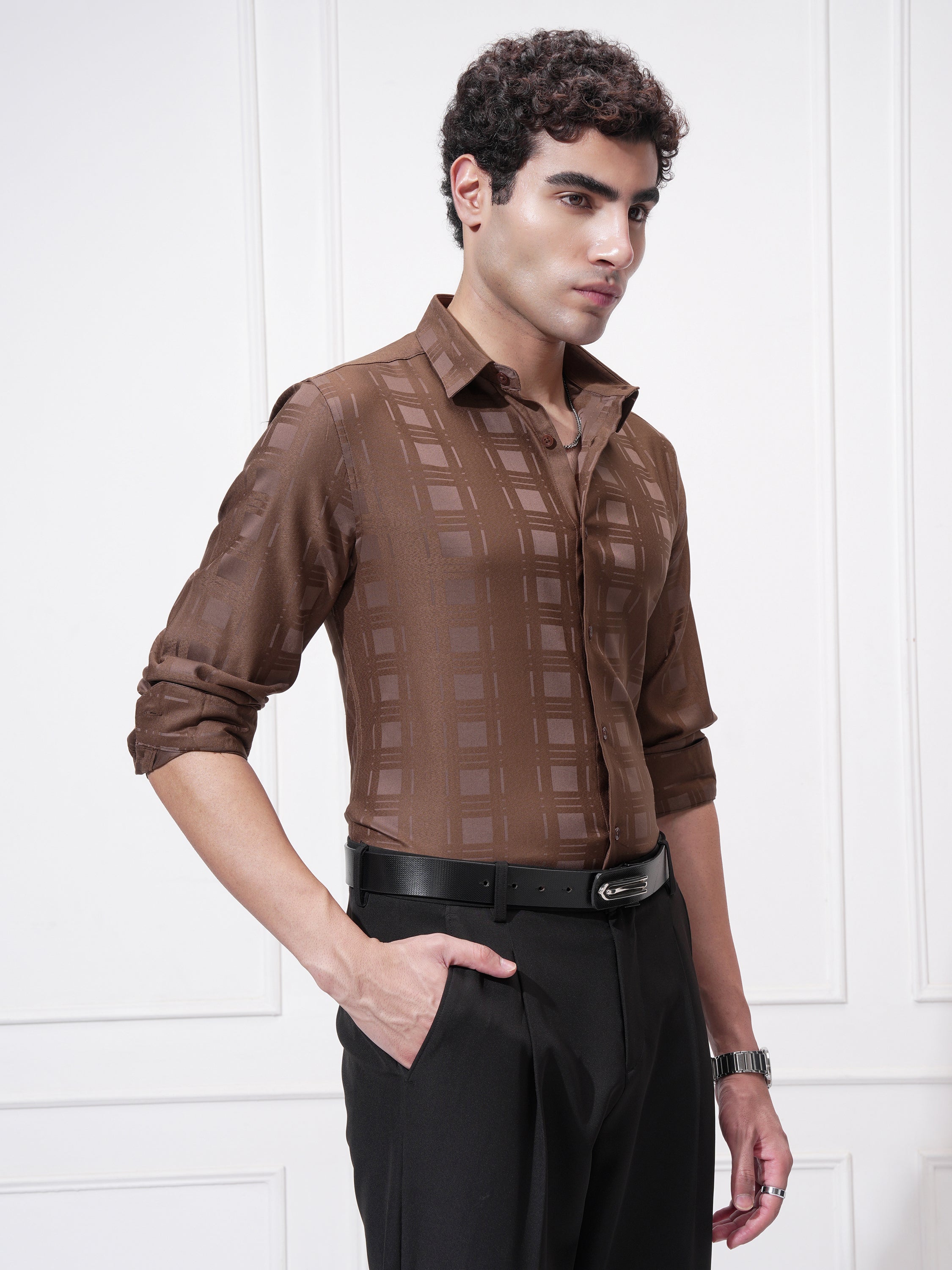 Highlander Men Rust Checked Slim Fit Casual Shirt - Rust - Image 6