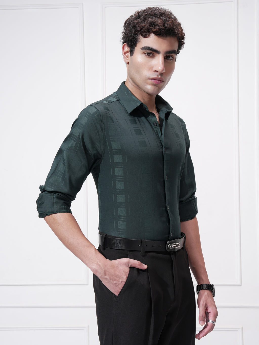 Highlander Men Green Checked Slim Fit Casual Shirt - Green - Image 6
