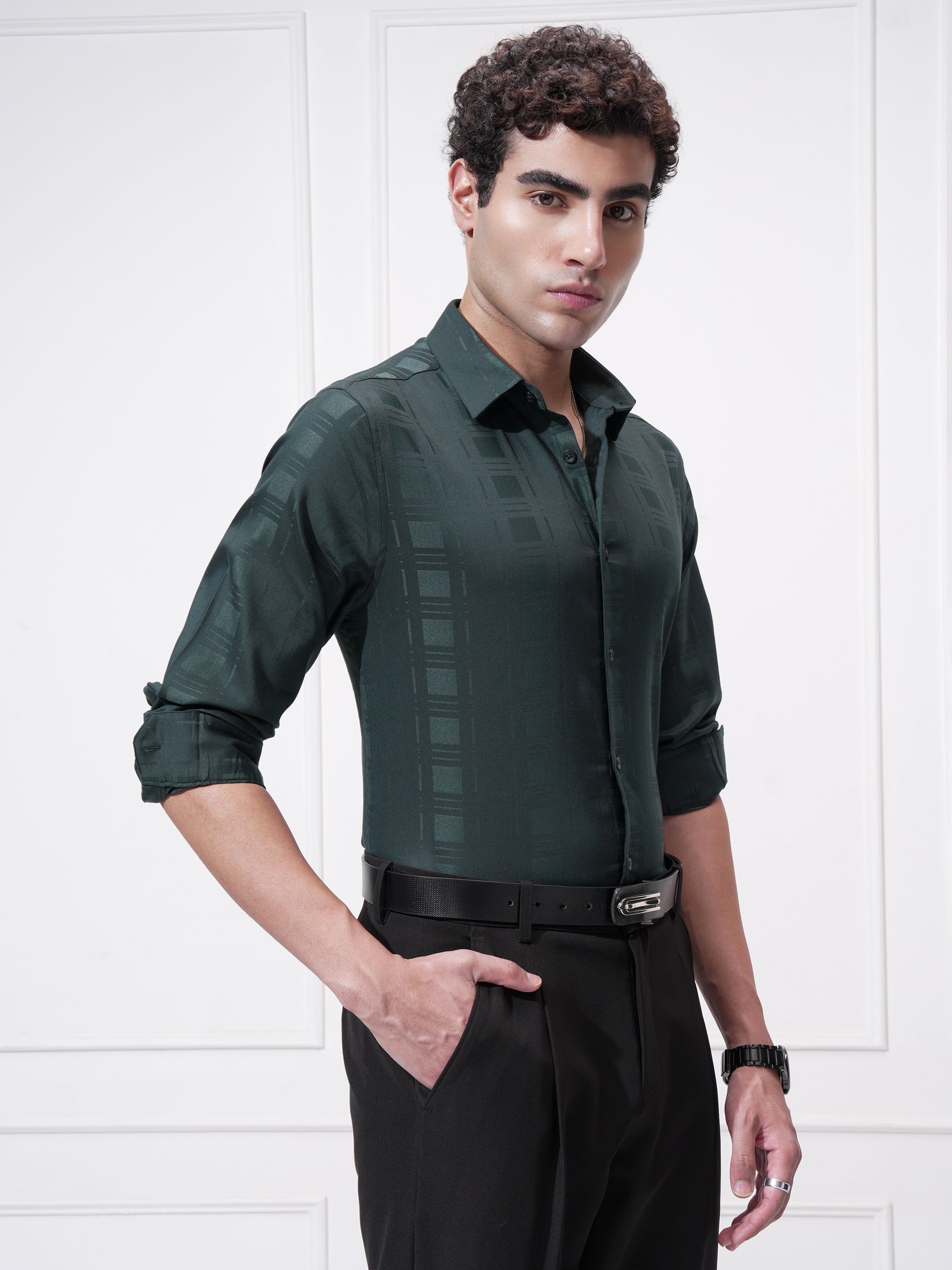 Highlander Men Green Checked Slim Fit Casual Shirt - Green - Image 6
