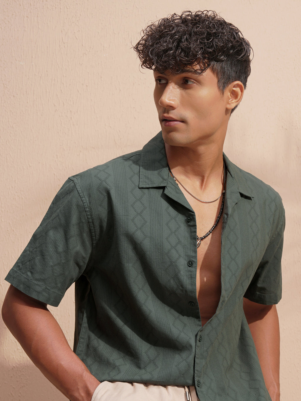 Highlander Men Green Self Design Relaxed Fit Casual Shirt - Green - Image 1