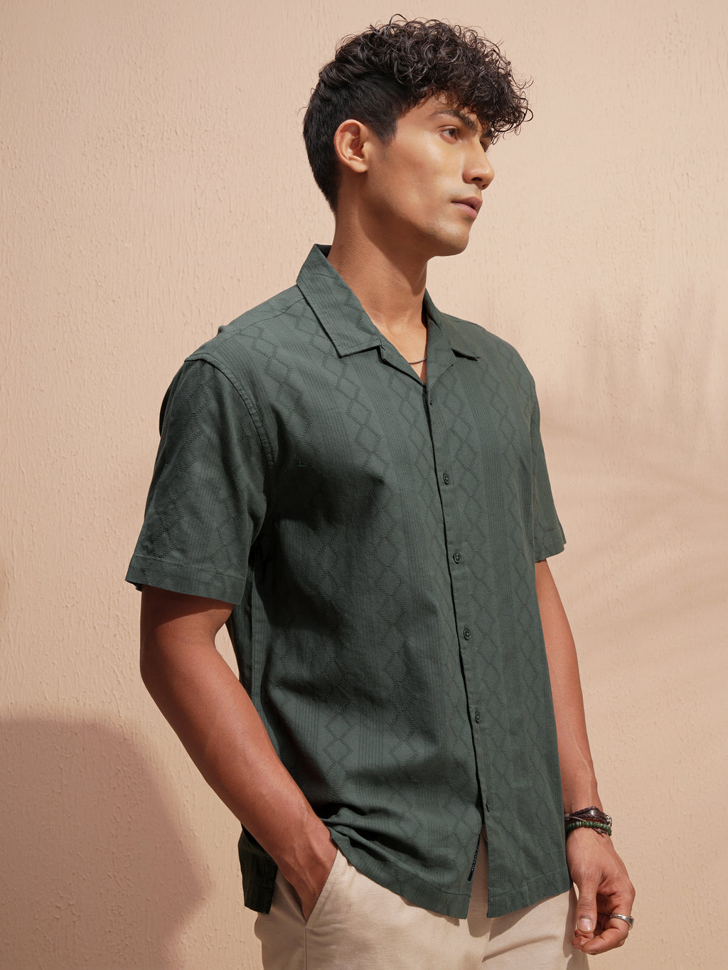 Highlander Men Green Self Design Relaxed Fit Casual Shirt - Green - Image 6