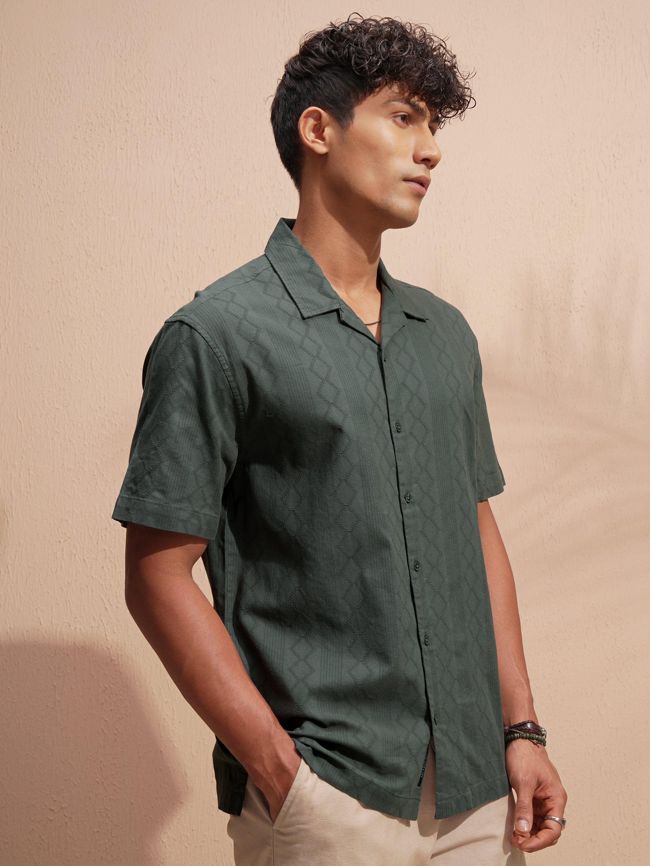 Highlander Men Green Self Design Relaxed Fit Casual Shirt - Green - Image 6