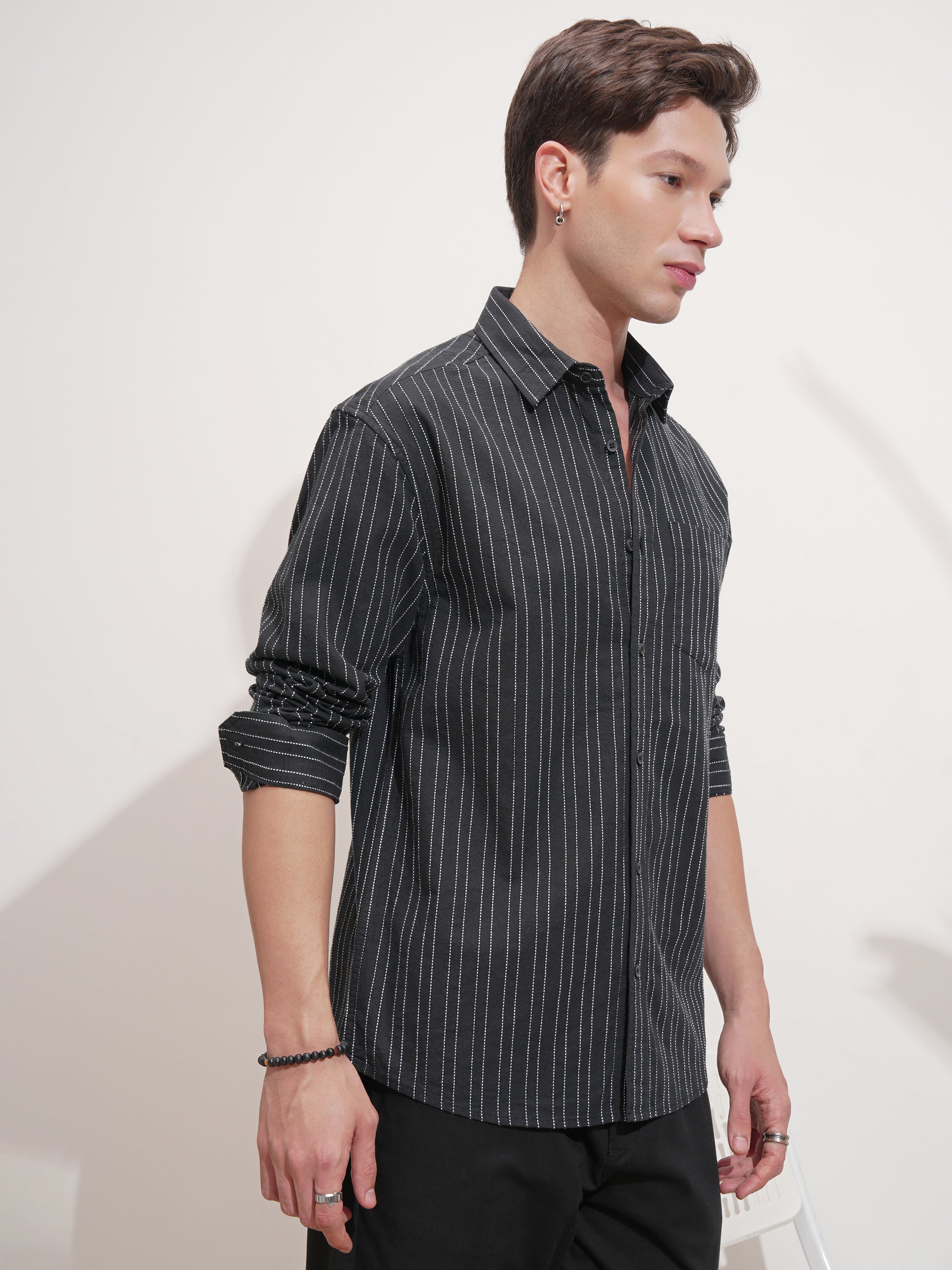 Highlander Men Black Striped Relaxed Fit Casual Shirt - Black - Image 6