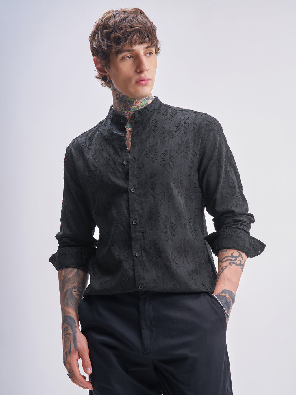 Highlander Men Black Self Design Relaxed Fit Casual Shirt - Black - Image 1