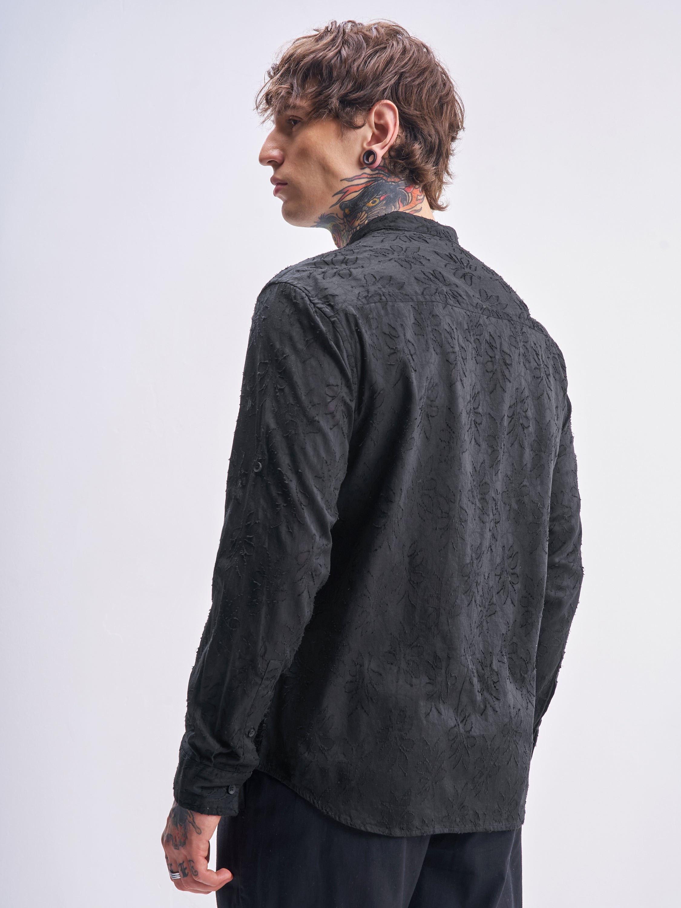 Highlander Men Black Self Design Relaxed Fit Casual Shirt - Black - Image 3