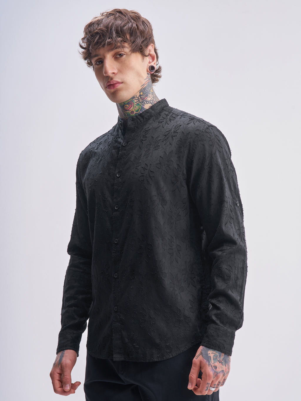 Highlander Men Black Self Design Relaxed Fit Casual Shirt - Black - Image 4