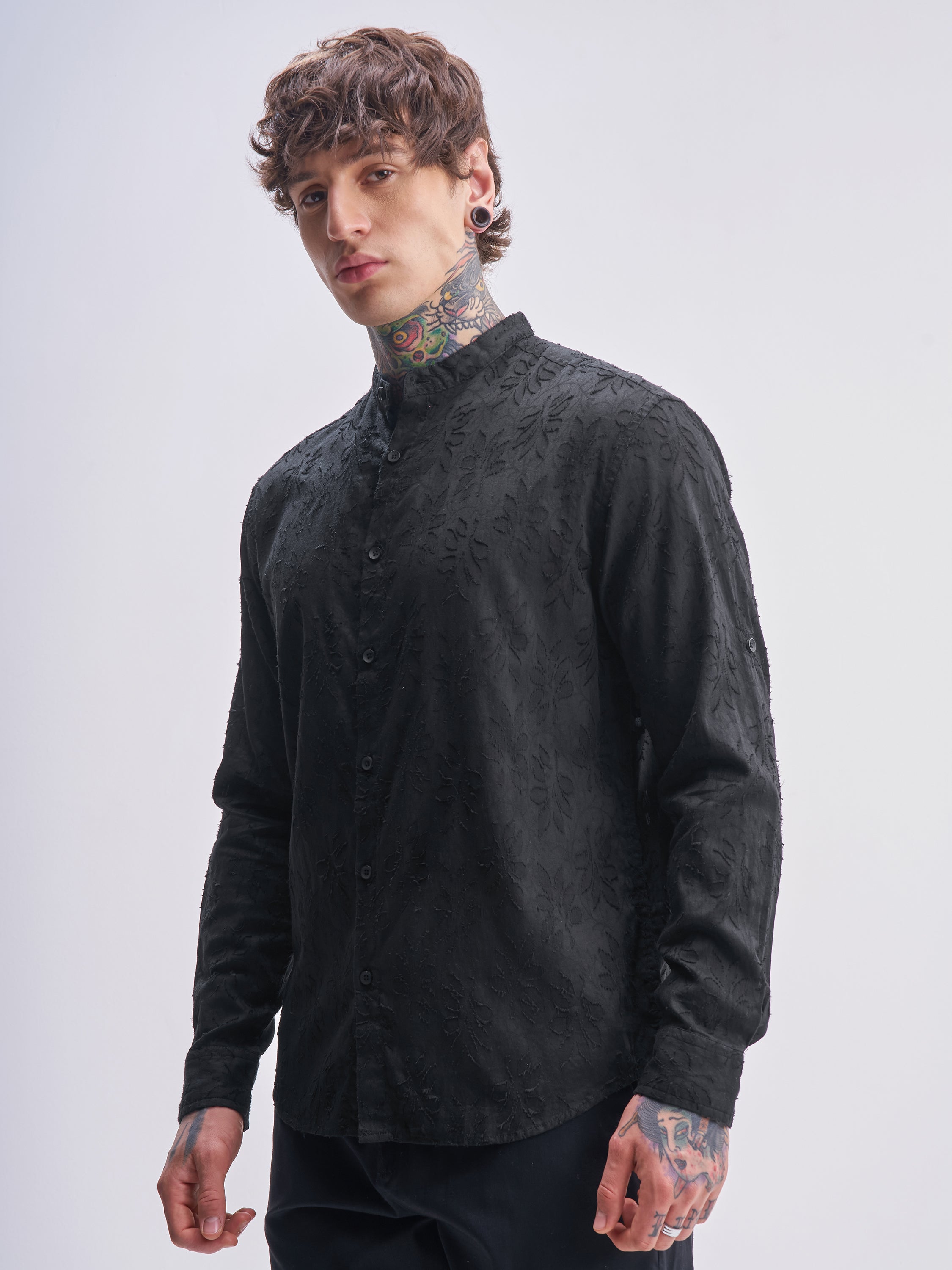 Highlander Men Black Self Design Relaxed Fit Casual Shirt - Black - Image 4