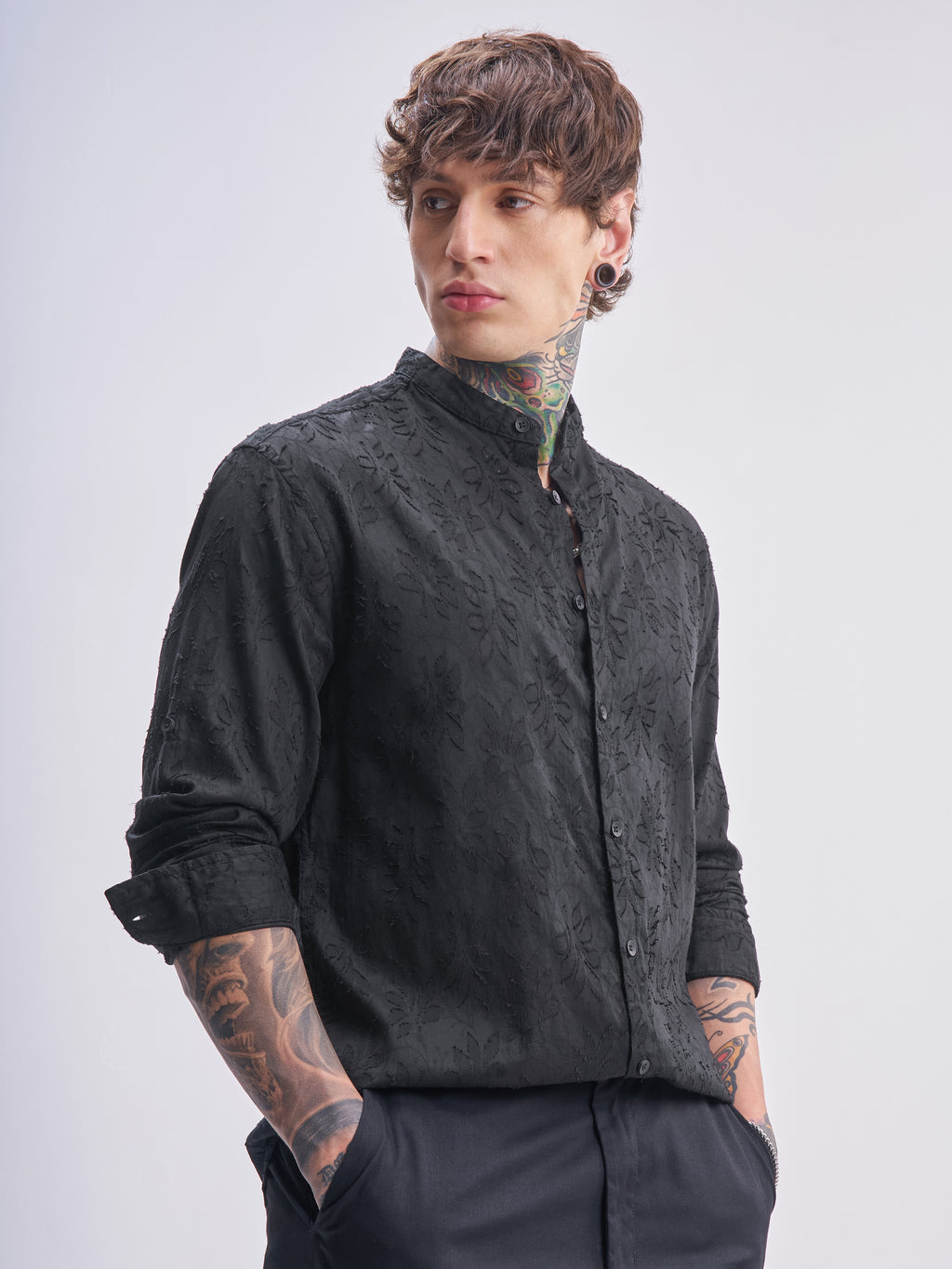 Highlander Men Black Self Design Relaxed Fit Casual Shirt - Black - Image 6