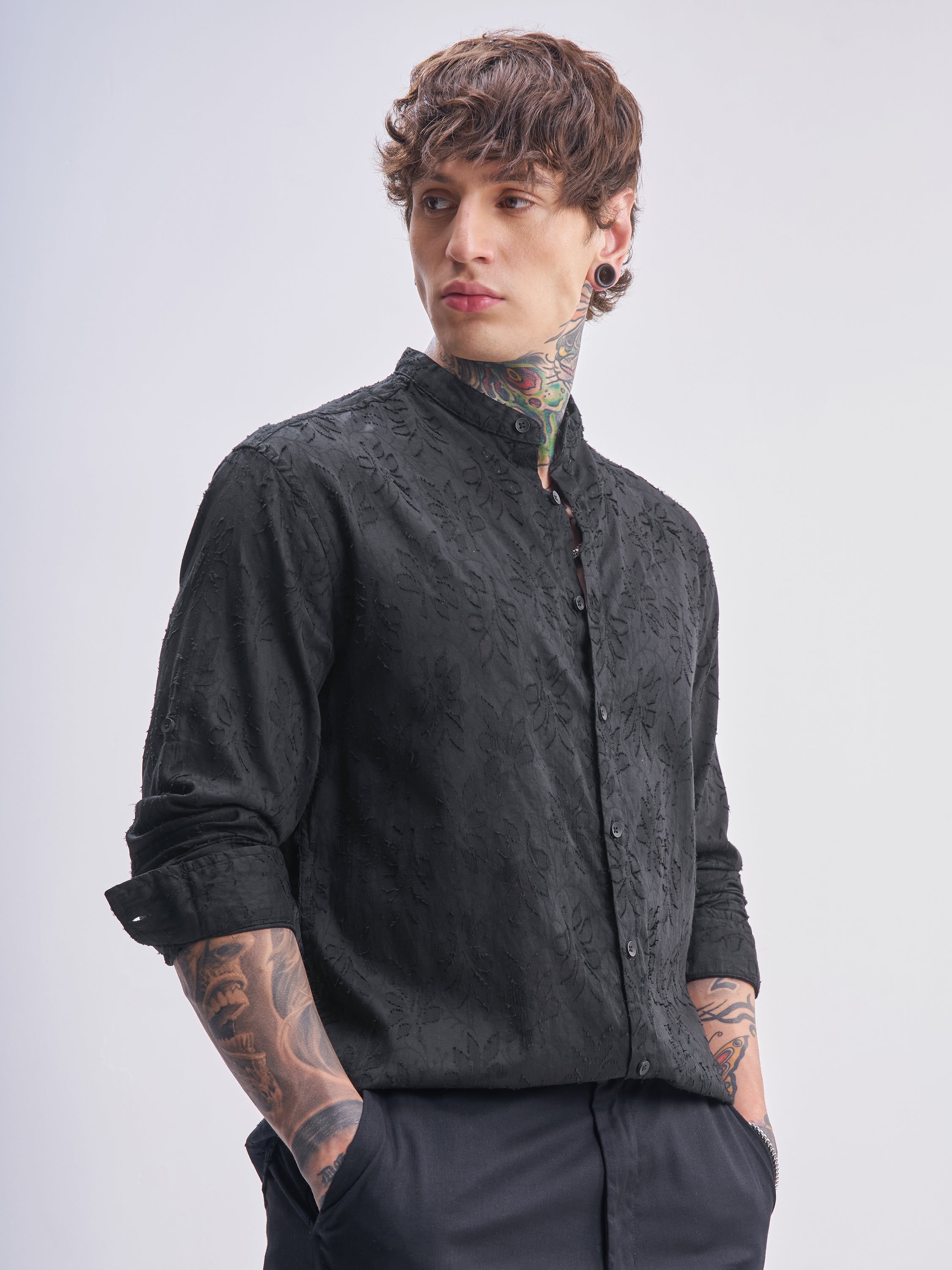Highlander Men Black Self Design Relaxed Fit Casual Shirt - Black - Image 6