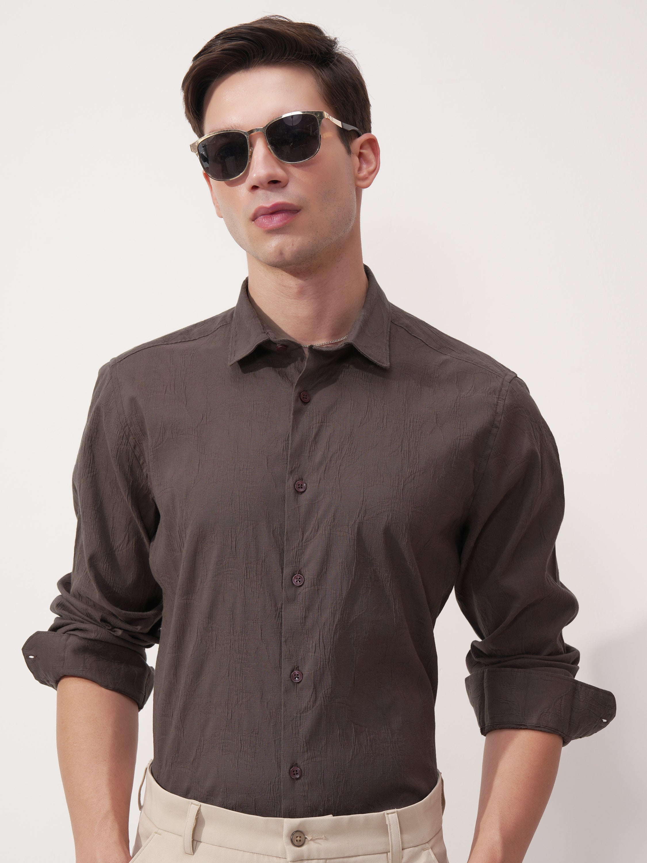 Highlander Men Brown Self Design Slim Fit Casual Shirt - Brown - Image 1