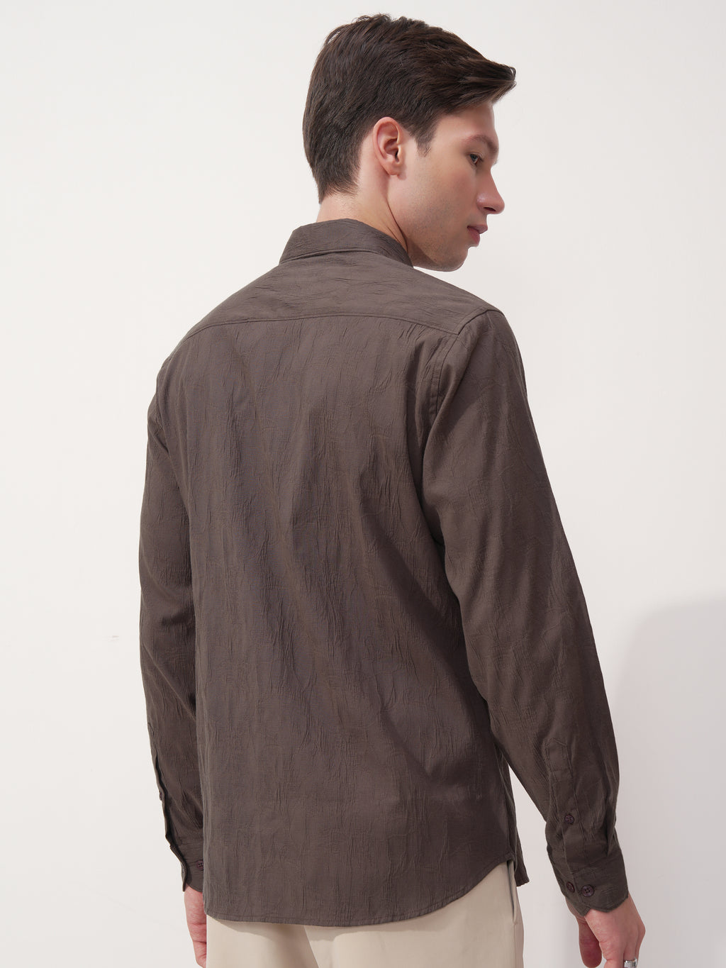 Highlander Men Brown Self Design Slim Fit Casual Shirt - Brown - Image 3