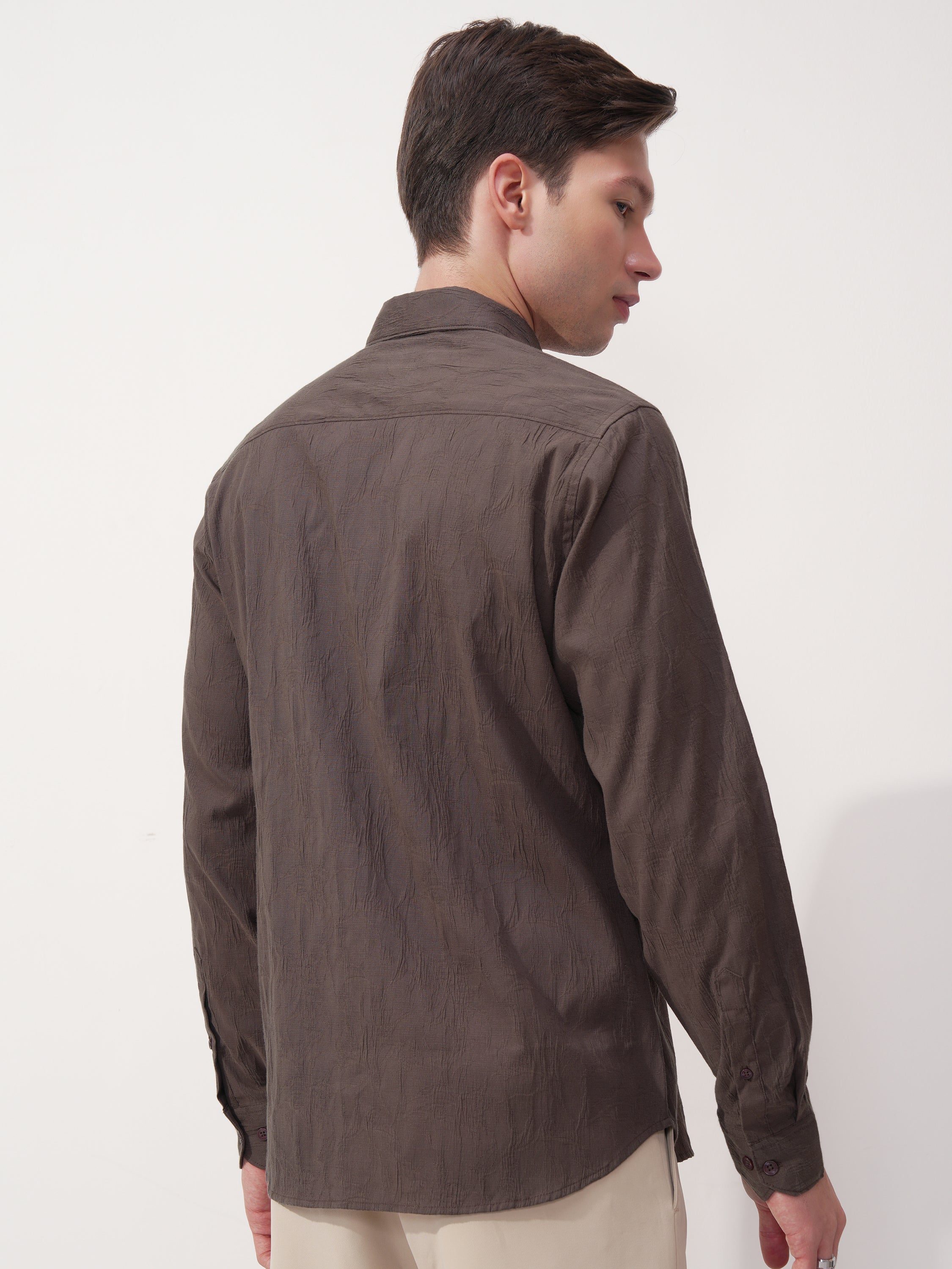 Highlander Men Brown Self Design Slim Fit Casual Shirt - Brown - Image 3