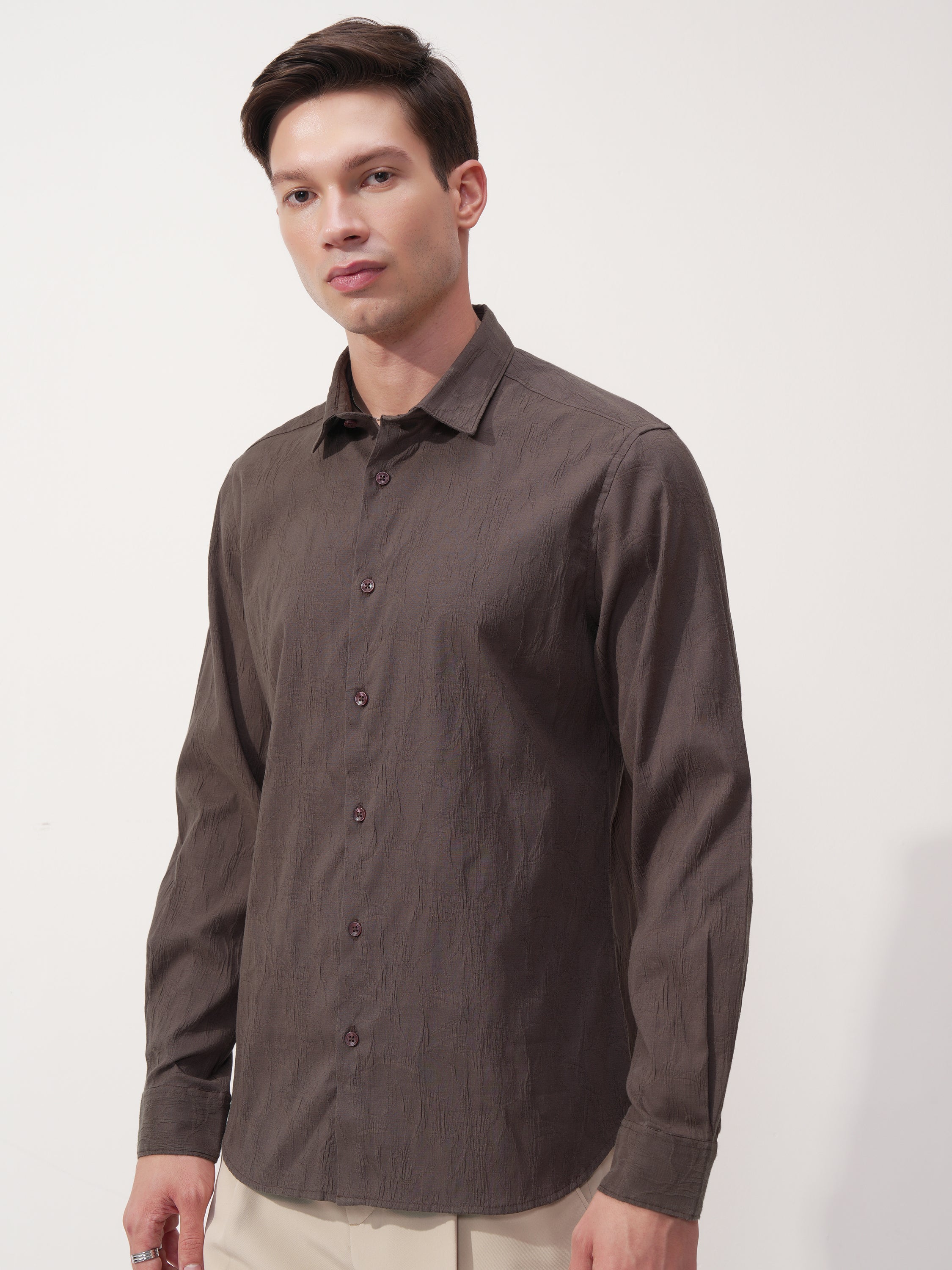 Highlander Men Brown Self Design Slim Fit Casual Shirt - Brown - Image 4