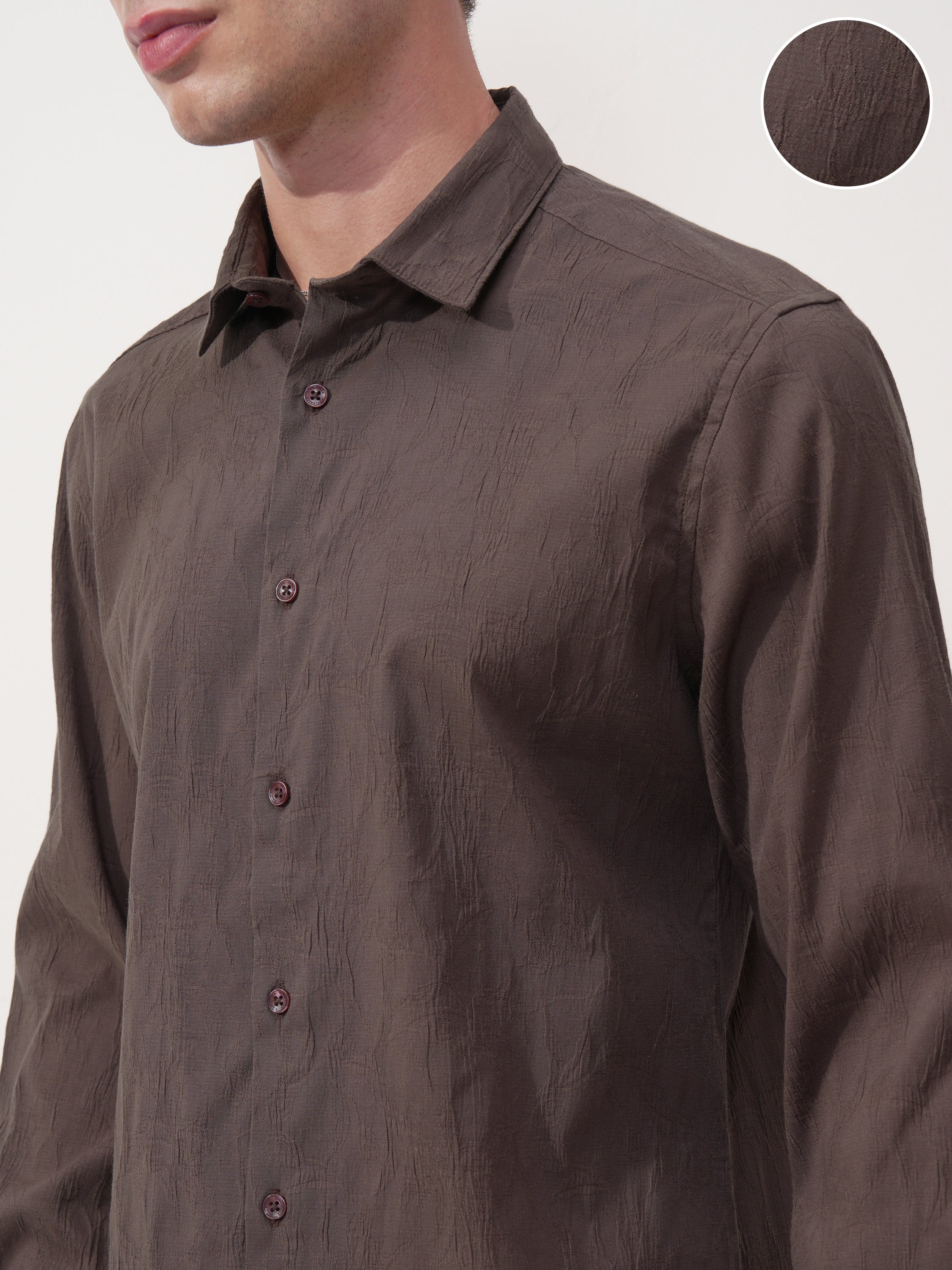 Highlander Men Brown Self Design Slim Fit Casual Shirt - Brown - Image 5