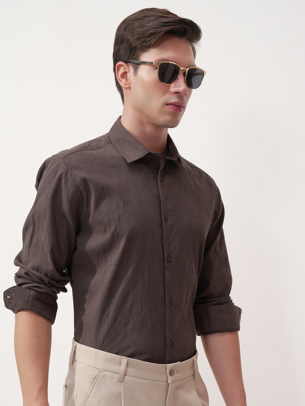 Highlander Men Brown Self Design Slim Fit Casual Shirt - Brown - Image 6
