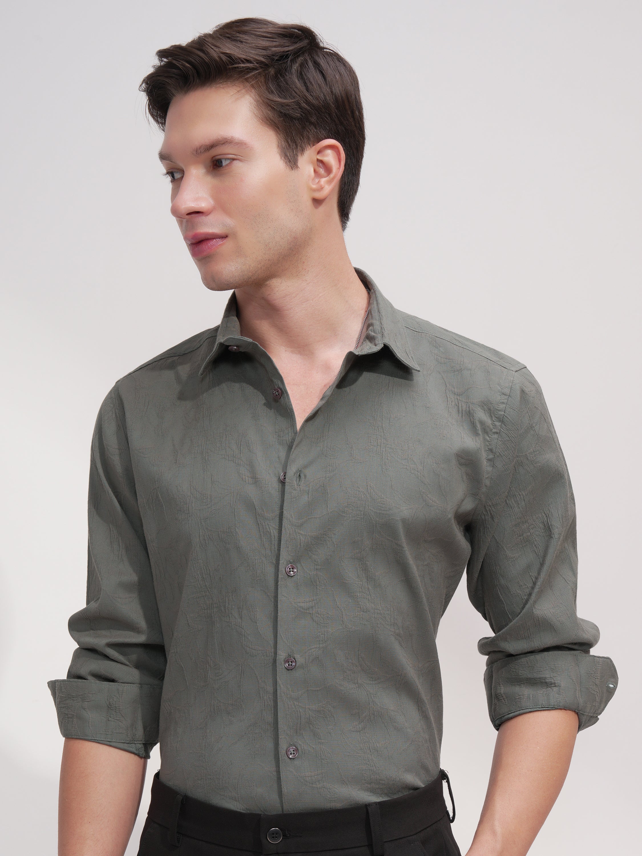 Highlander Men Olive Self Design Slim Fit Casual Shirt - Olive - Image 1