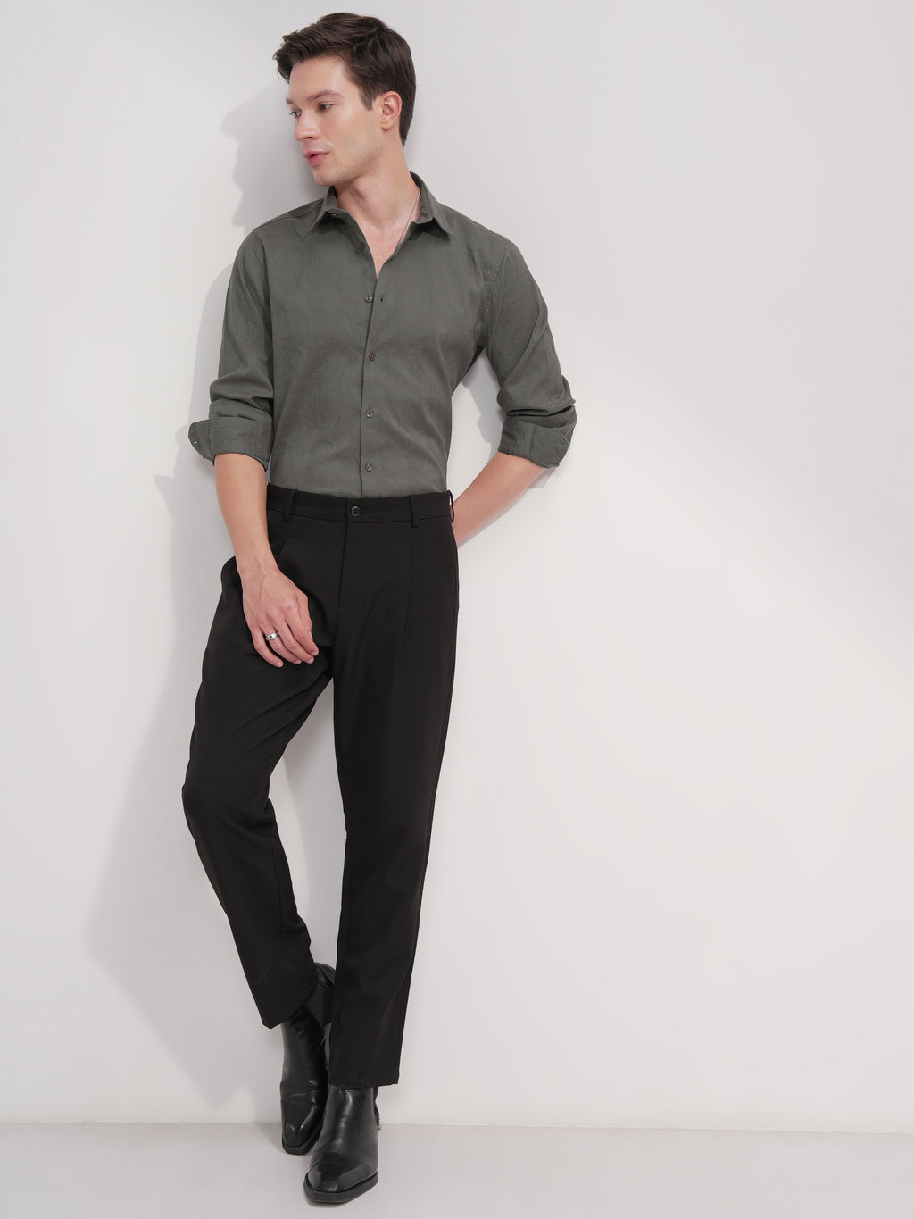 Highlander Men Olive Self Design Slim Fit Casual Shirt - Olive - Image 2