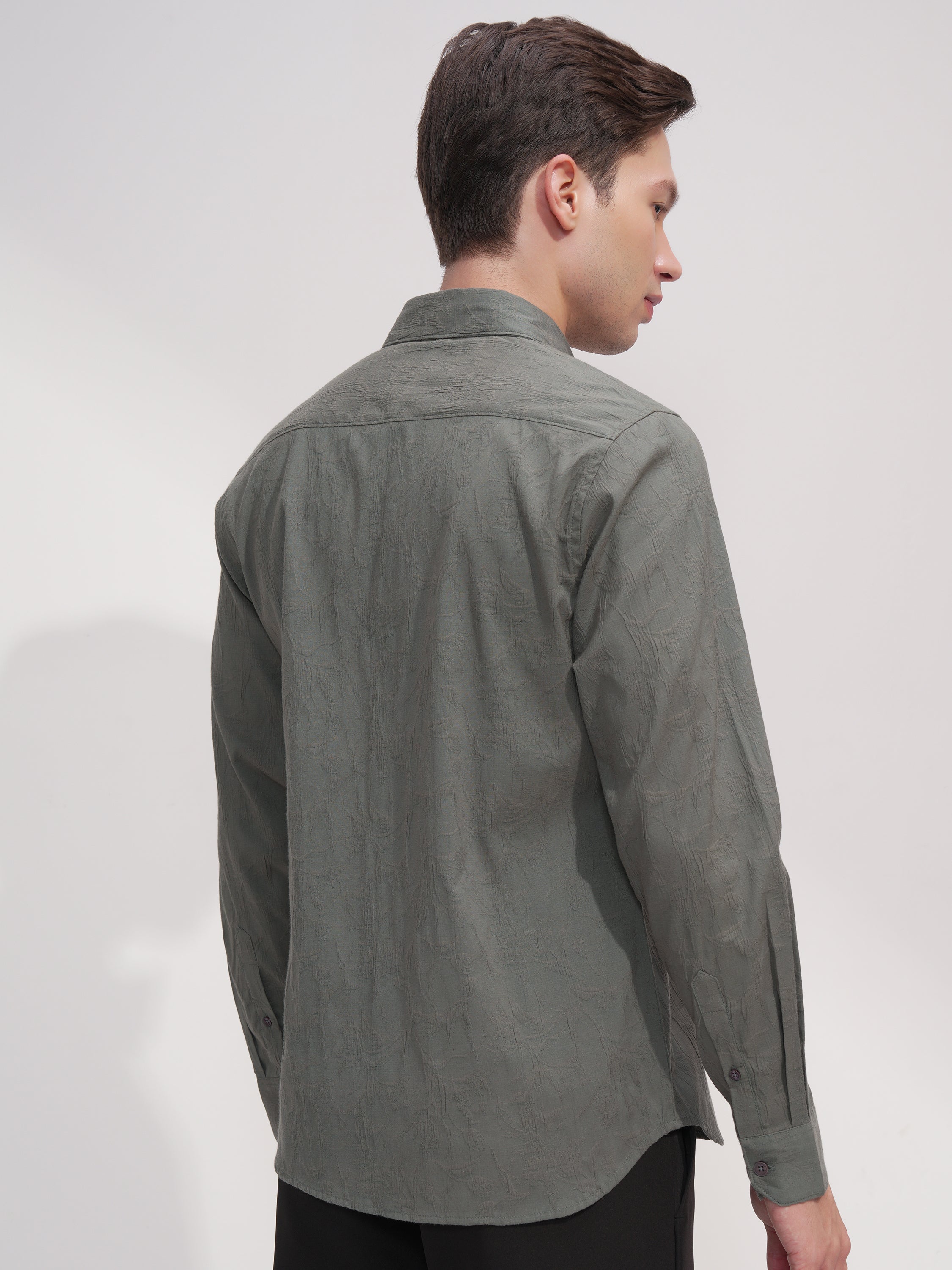 Highlander Men Olive Self Design Slim Fit Casual Shirt - Olive - Image 3