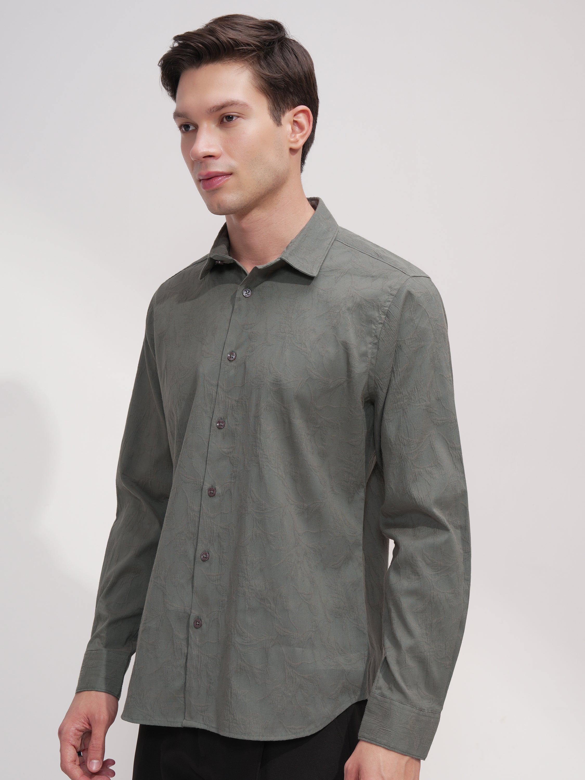 Highlander Men Olive Self Design Slim Fit Casual Shirt - Olive - Image 4