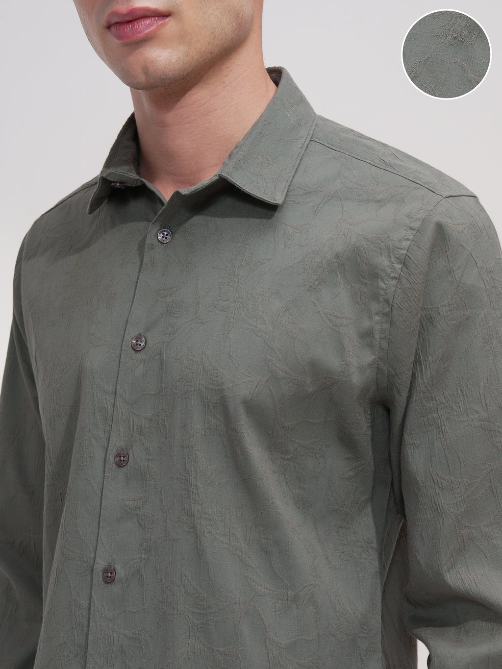 Highlander Men Olive Self Design Slim Fit Casual Shirt - Olive - Image 5
