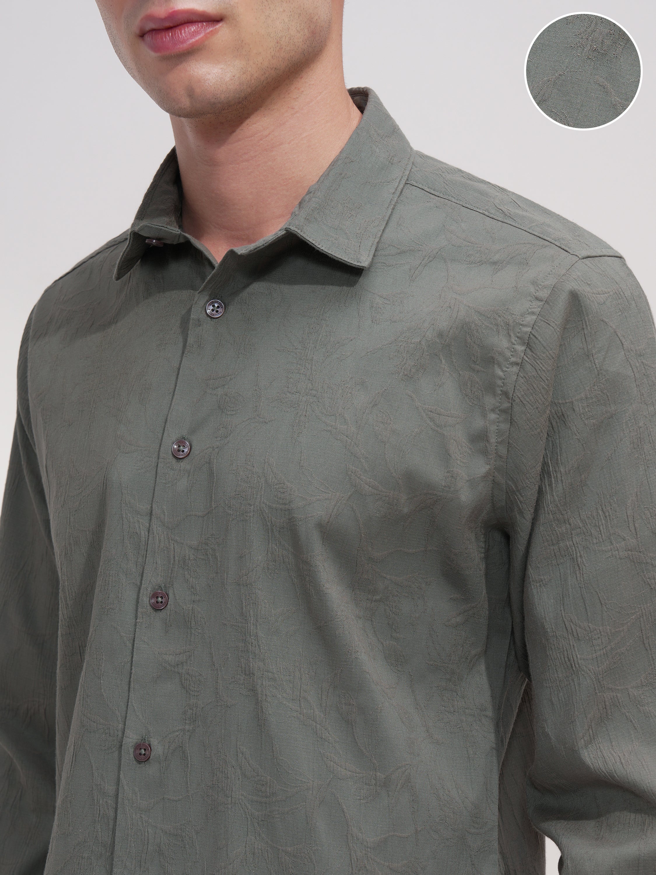 Highlander Men Olive Self Design Slim Fit Casual Shirt - Olive - Image 5